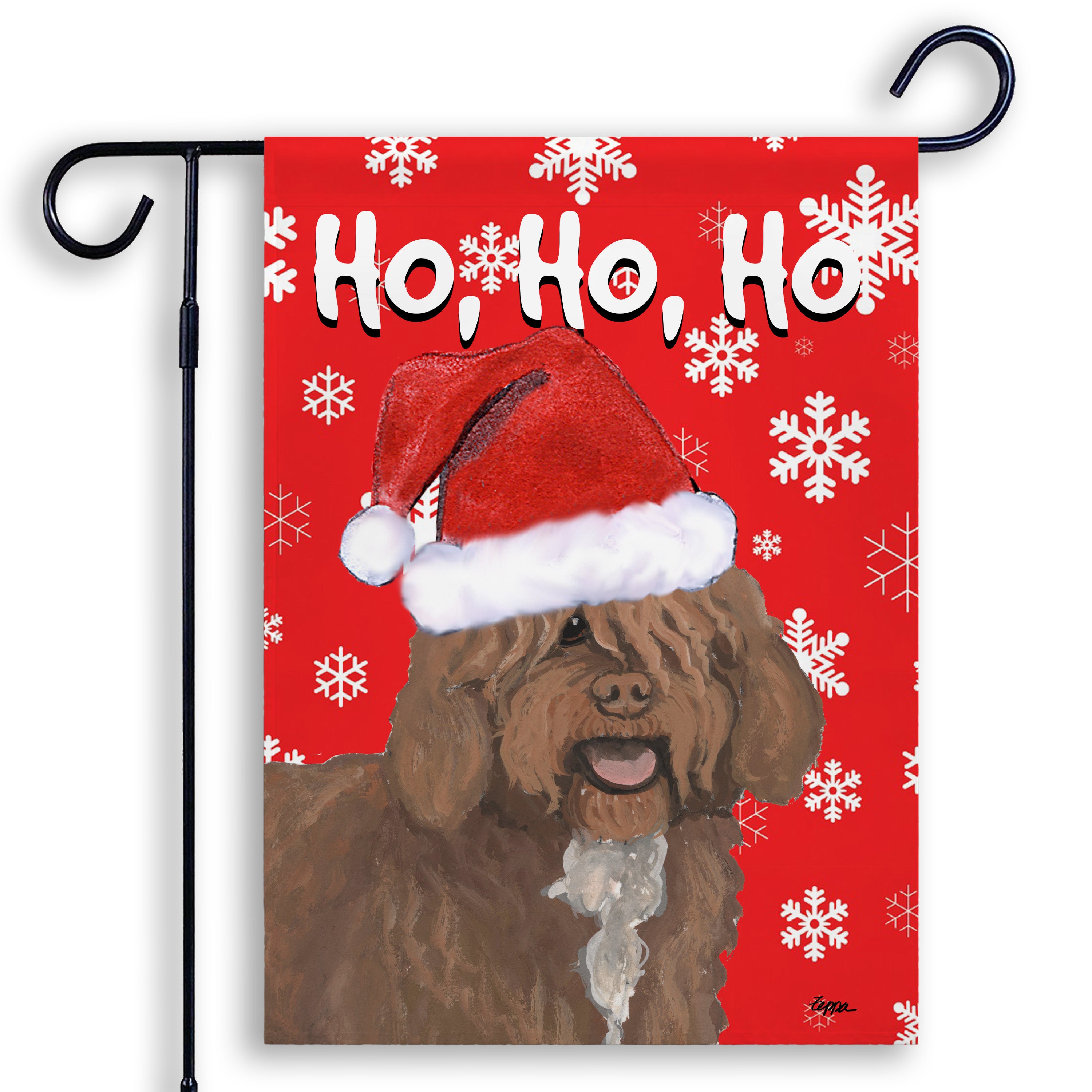 Spanish Water Dog in a Santa Hat on a Ho Ho Ho Garden Flag