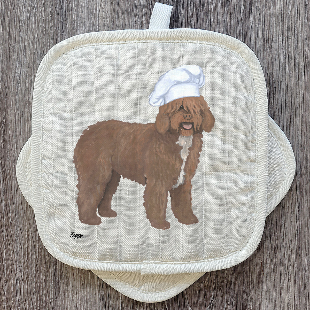 Potholders with a Spanish Water Dog wearing a chef's hat.