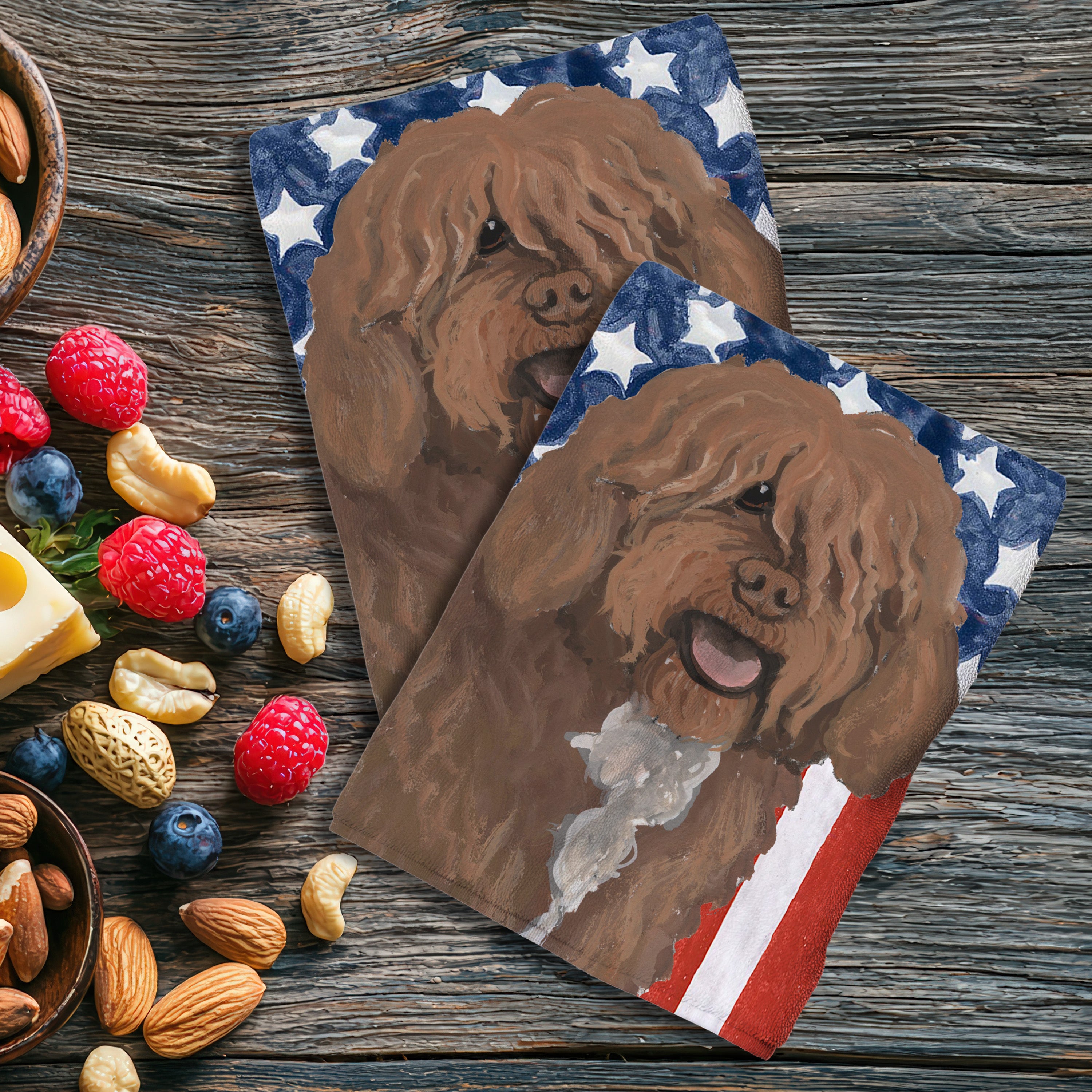 Spanish Water Dog on American Flag background kitchen towel.
