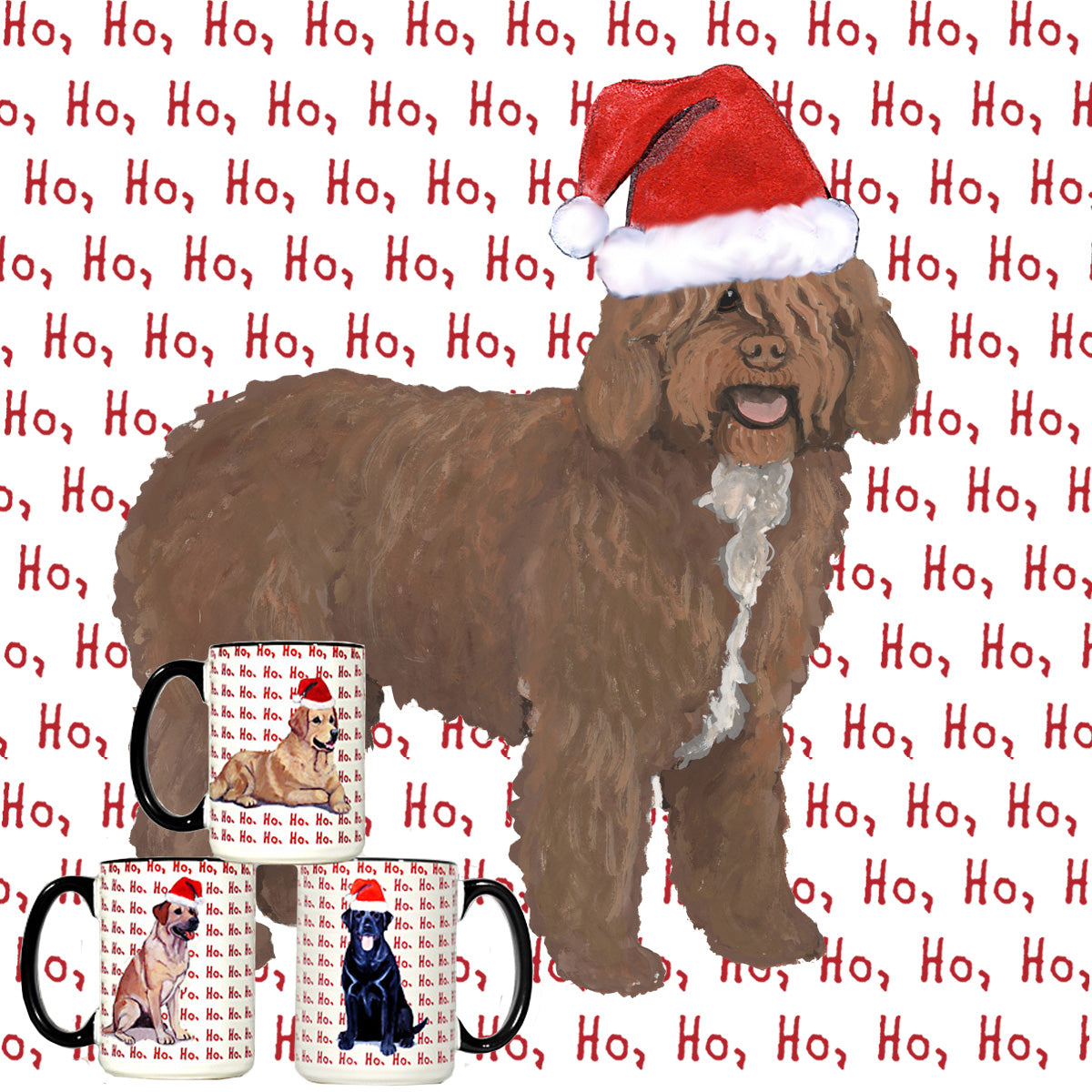 Spanish Water Dog wearing a Santa hat with on a mug with 'Ho Ho Ho' text background.