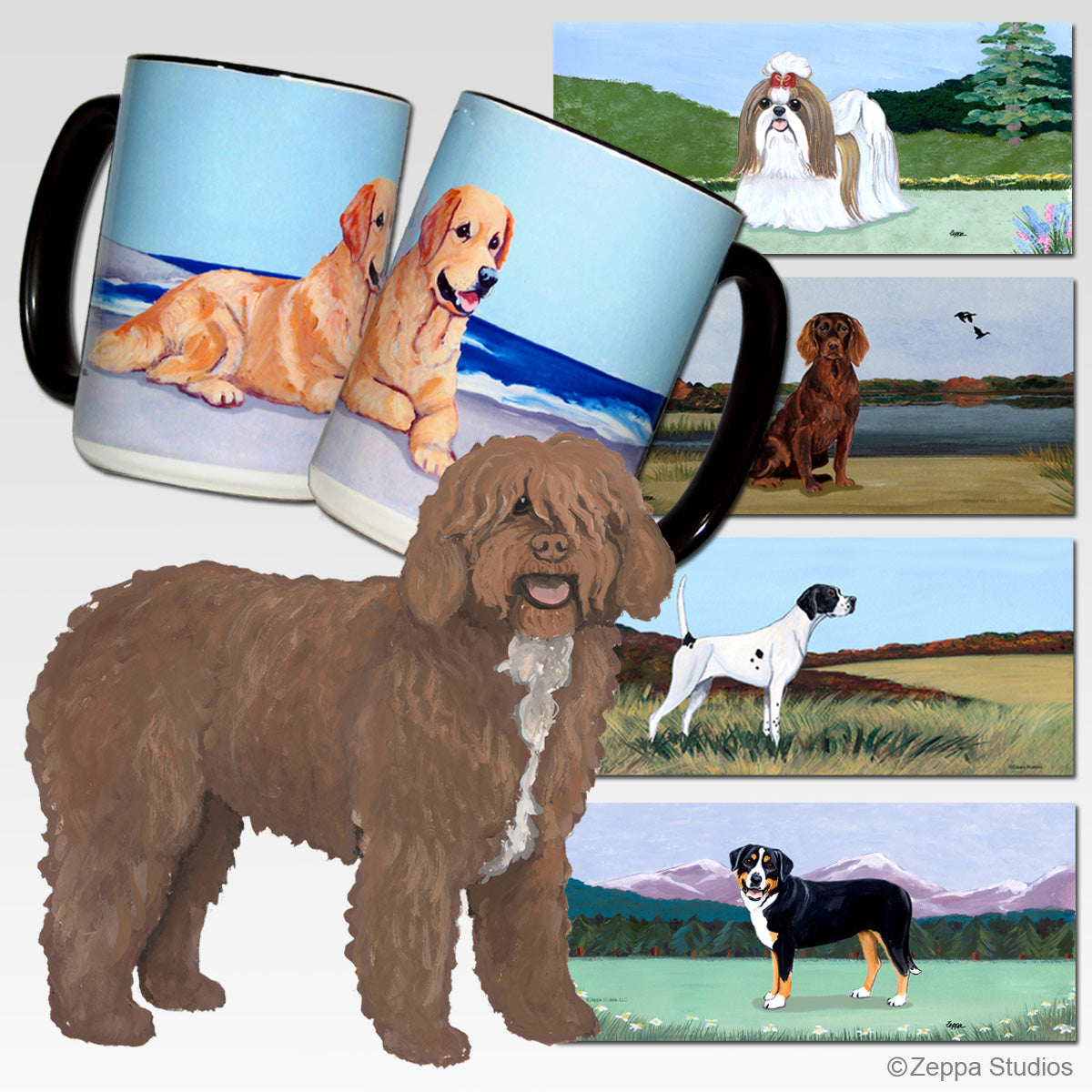 Spanish Water Dog design and 5 background choices for scenic mugs.