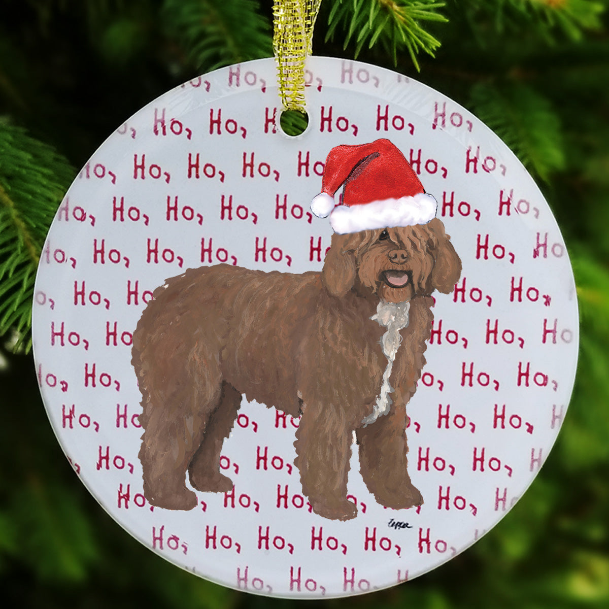 Spanish Water Dog wearing a Santa hat on a glass ornament with a background with 'Ho Ho Ho' repeating text