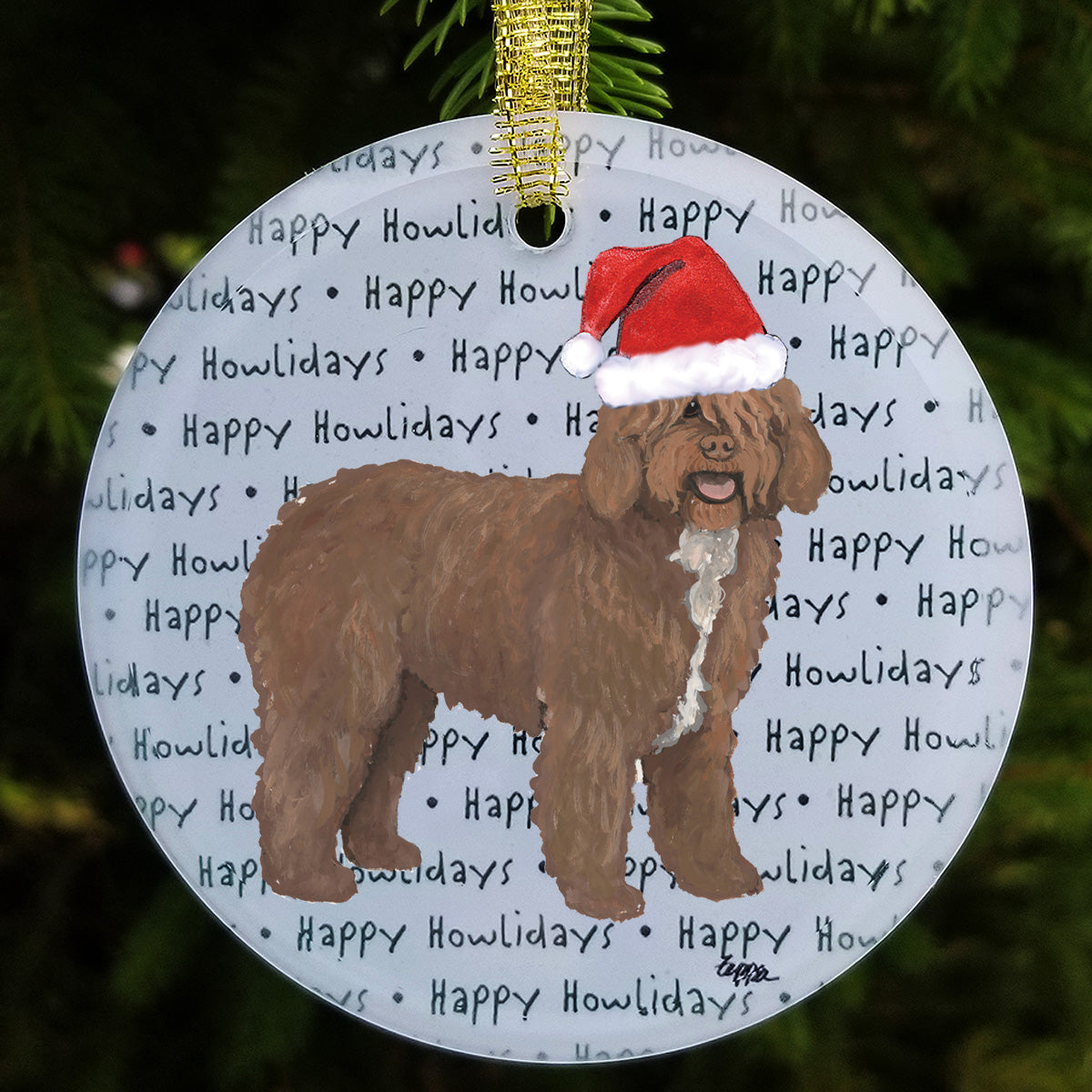 Spanish Water Dog wearing a Santa hat on a glass ornament with a background with 'Happy Howlidays' repeating text