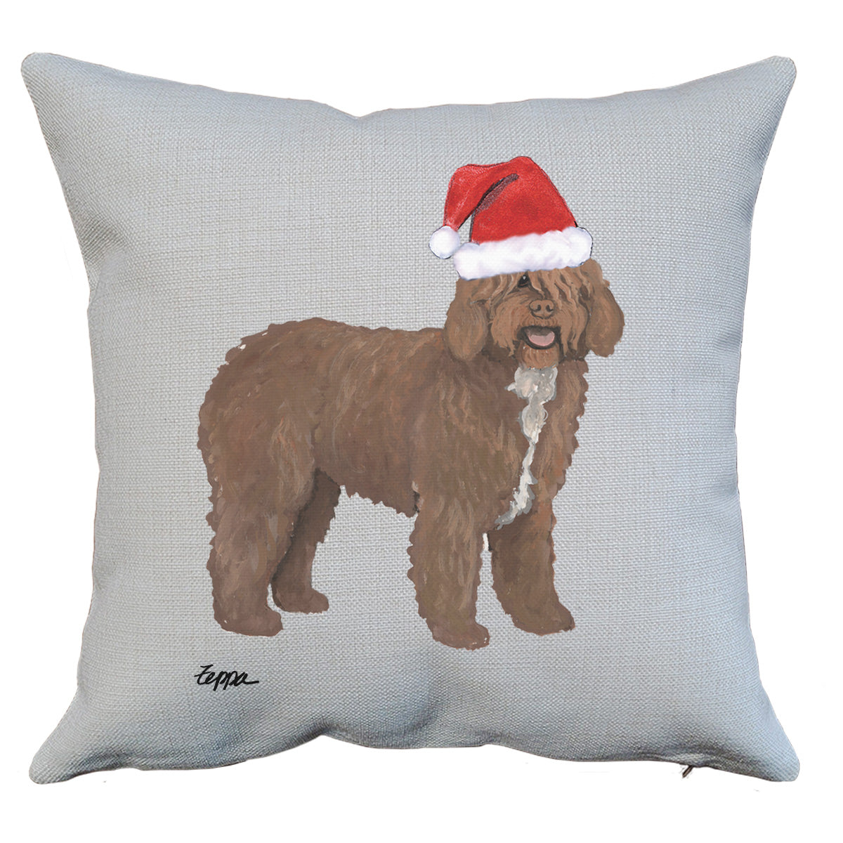 Spanish Water Dog in a Santa Hat on a linen throw pillow.