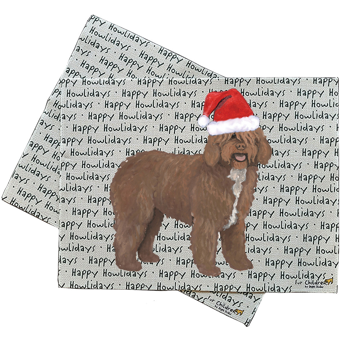 Spanish Water Dog in a Santa Hat on linen placemats with a Happy Howlidays repeating text background.