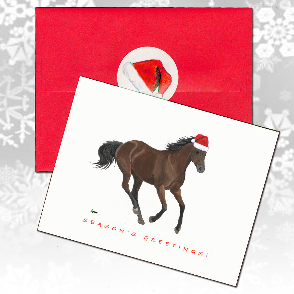 Thoroughbred horse in a Santa hat on a Christmas card