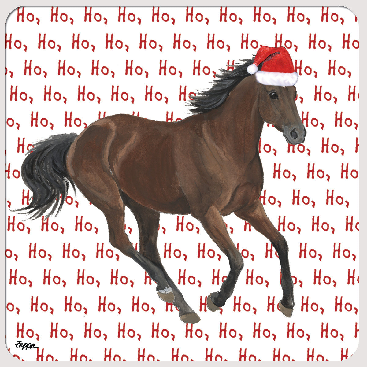 Thoroughbred galloping on a repeating ho ho ho text backgroun on a poly/rubber beverage coaster