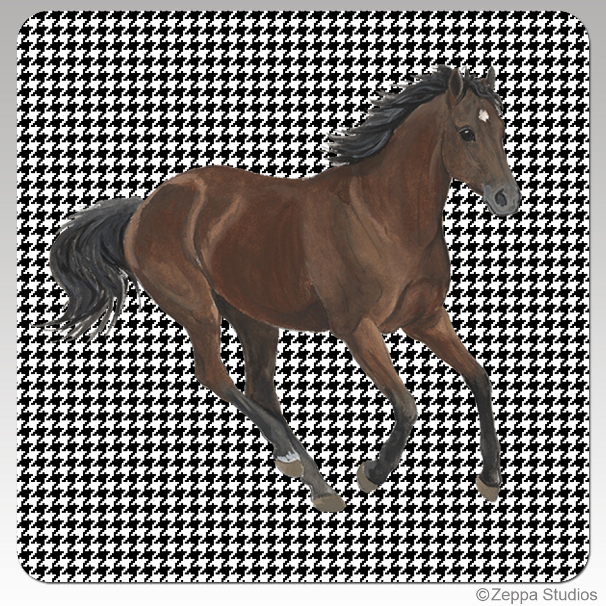 Thoroughbred galloping on a houndstooth background beverage coaster