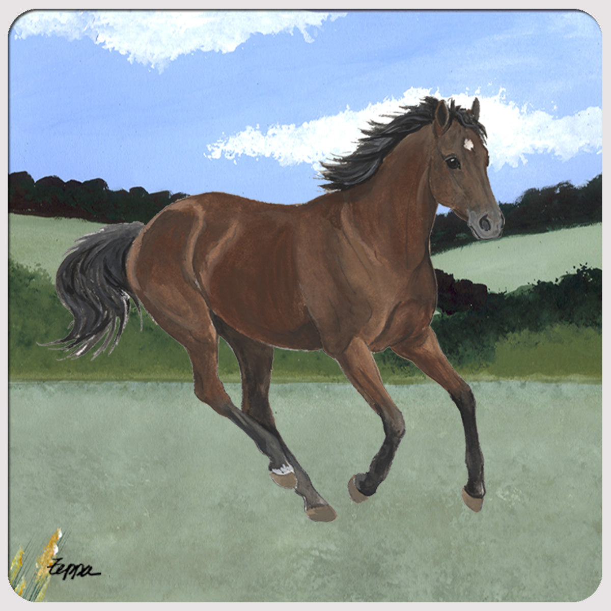 Thoroughbred galloping in a pasture on a poly/rubber beverage coaster