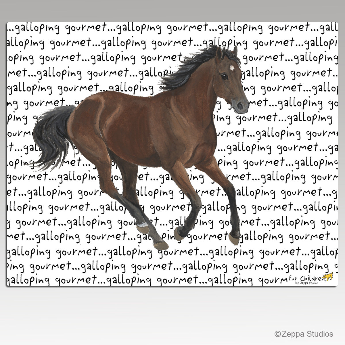 Thoroughbred horse on a repeating galloping gourmet background tempered glass cutting board