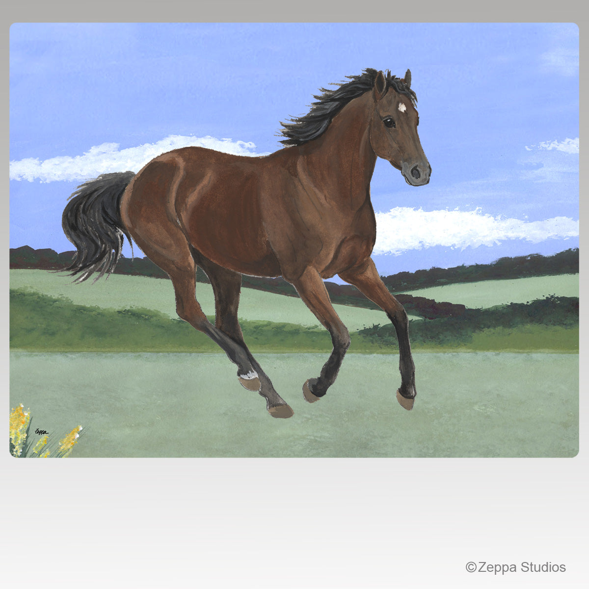 Thoroughbred galloping in a pasture on a tempered glass cutting board