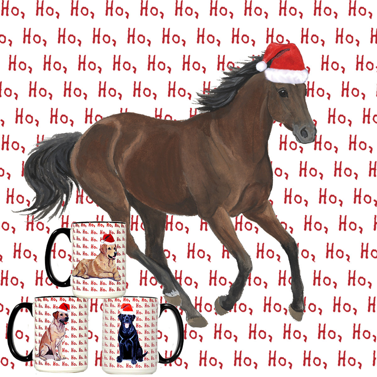 Thoroughbred galloping on a repeating ho ho ho text background design for mugs