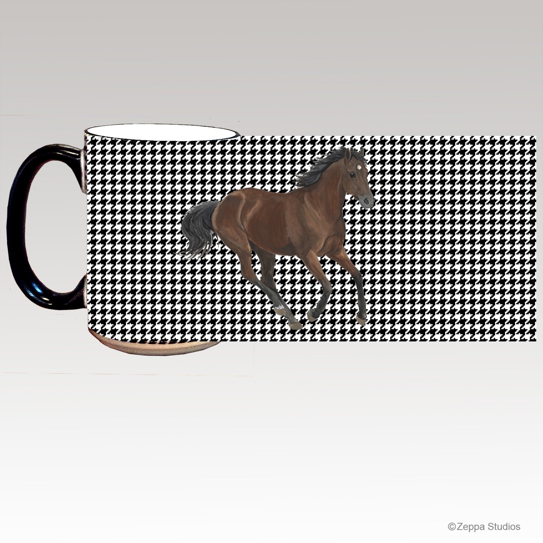 Thoroughbred horse galloping on a houndstooth mug
