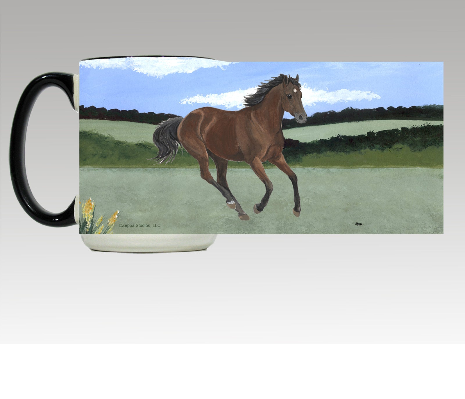 Thoroughbred galloping in a pasture on a mug