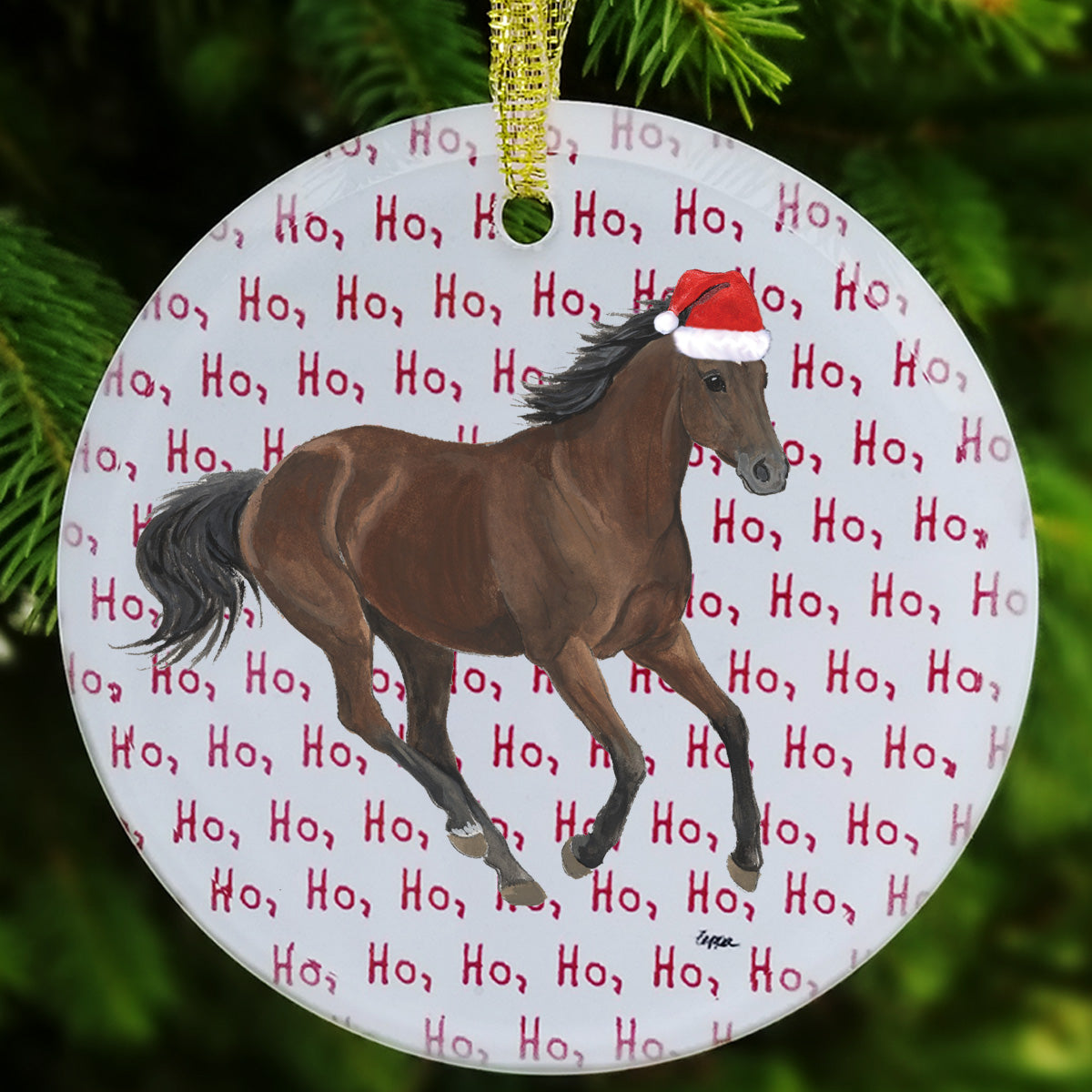 Thoroughbred galloping on a repeating ho ho ho text background design for glass ornaments