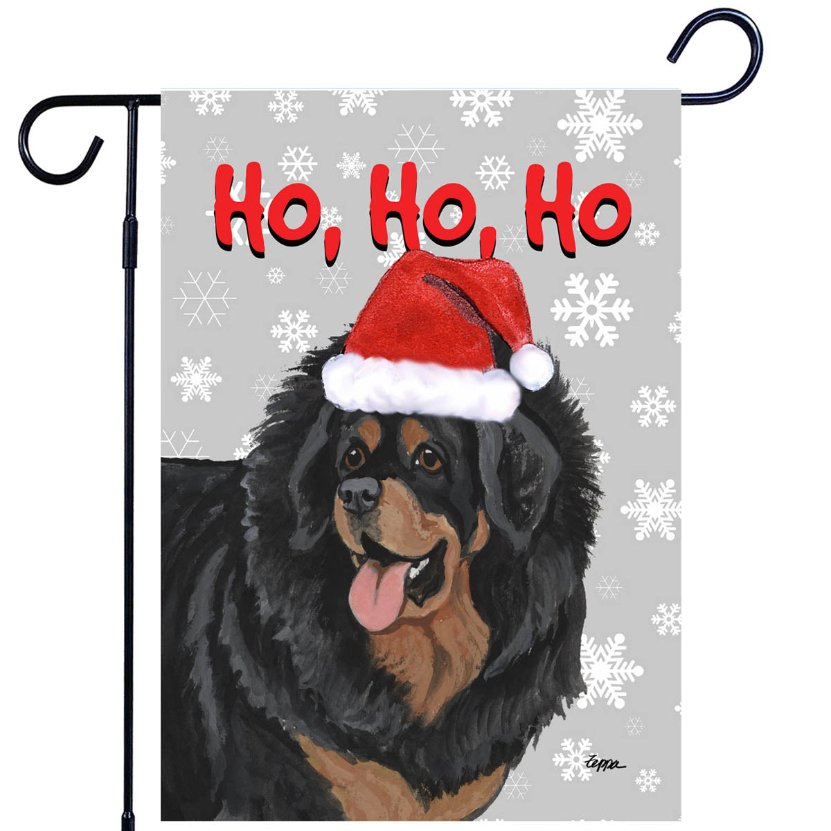 Tibetan Mastiff on a Ho Ho Ho Garden Flag in Grey