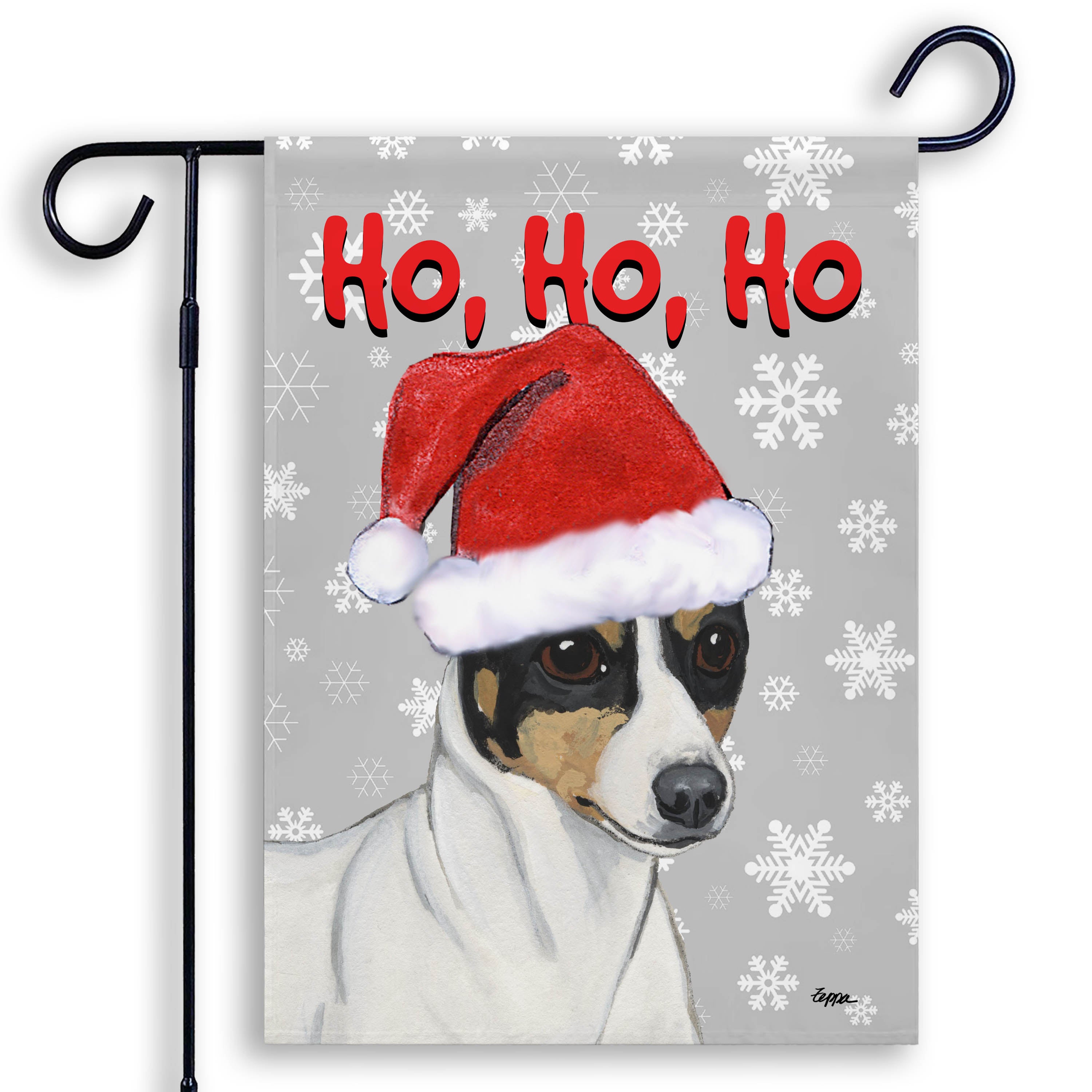 Christmas-themed garden flag with a toy fox terrier wearing a Santa hat and 'Ho, Ho, Ho' text on a gray background with snowflakes.