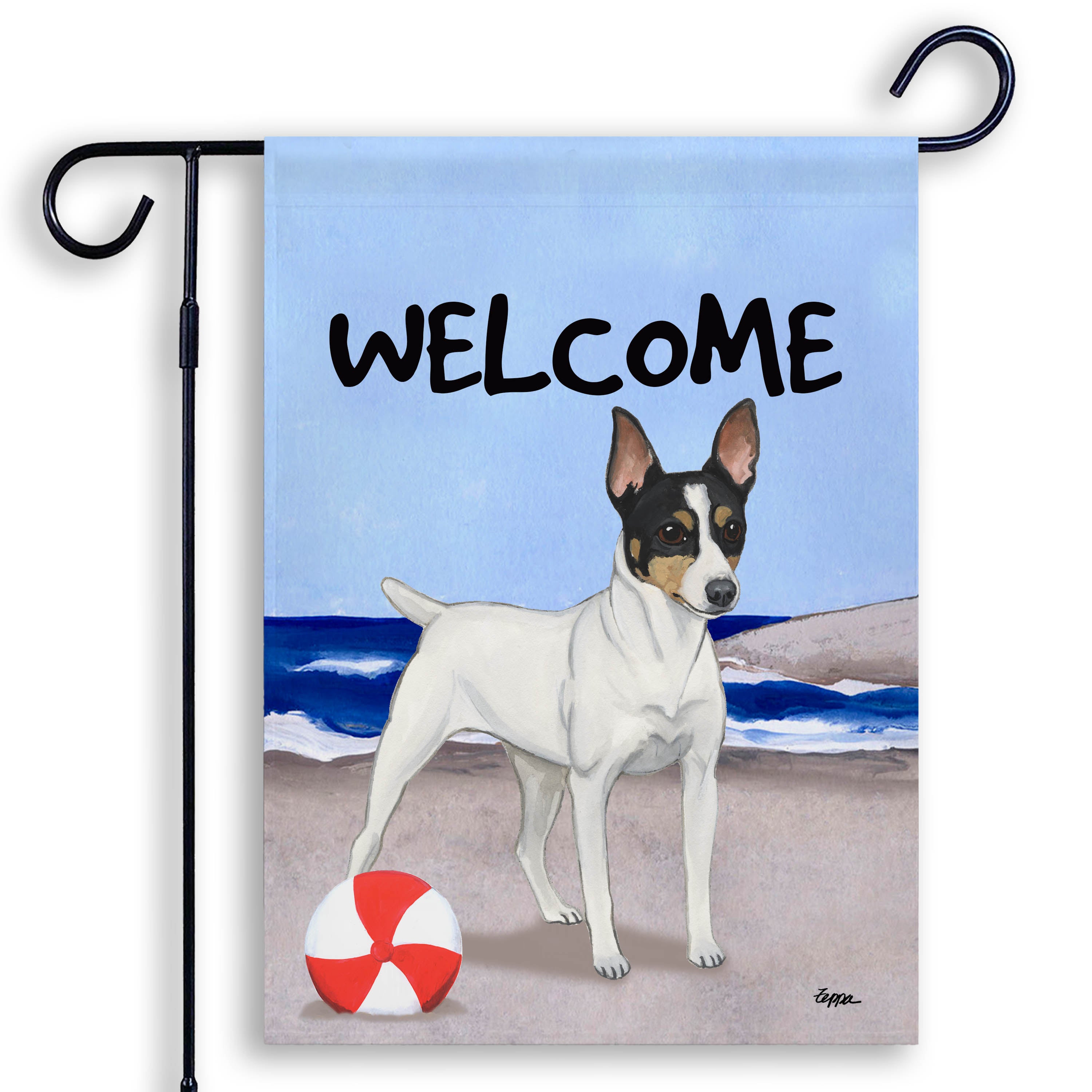 Welcome garden flag with a Toy Fox Terrier on the beach design.