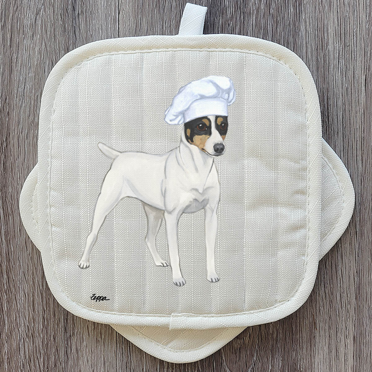 Potholder with a Toy Fox Terrier wearing a chef's hat design.