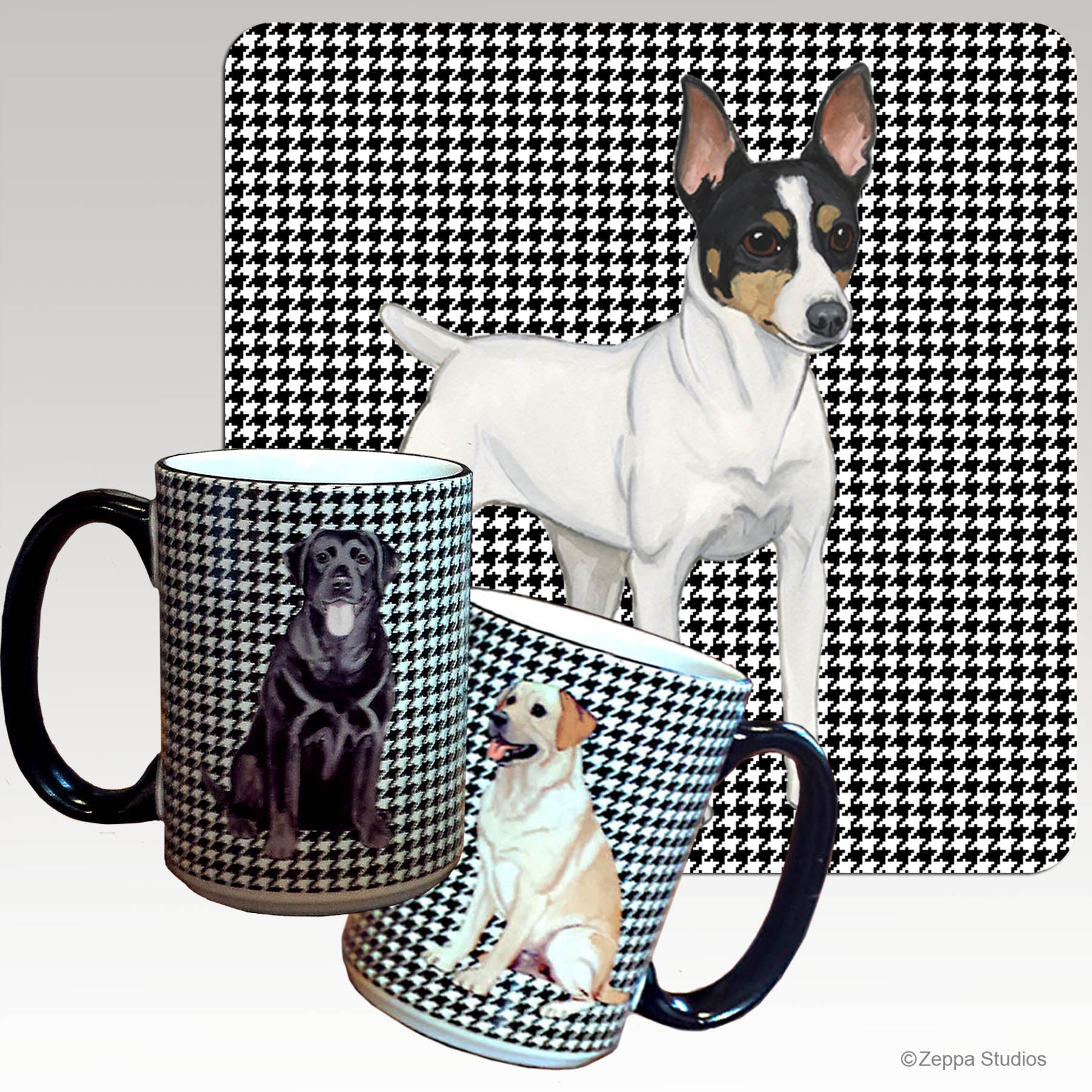 Toy ox Terrier design on houndstooth background mugs.