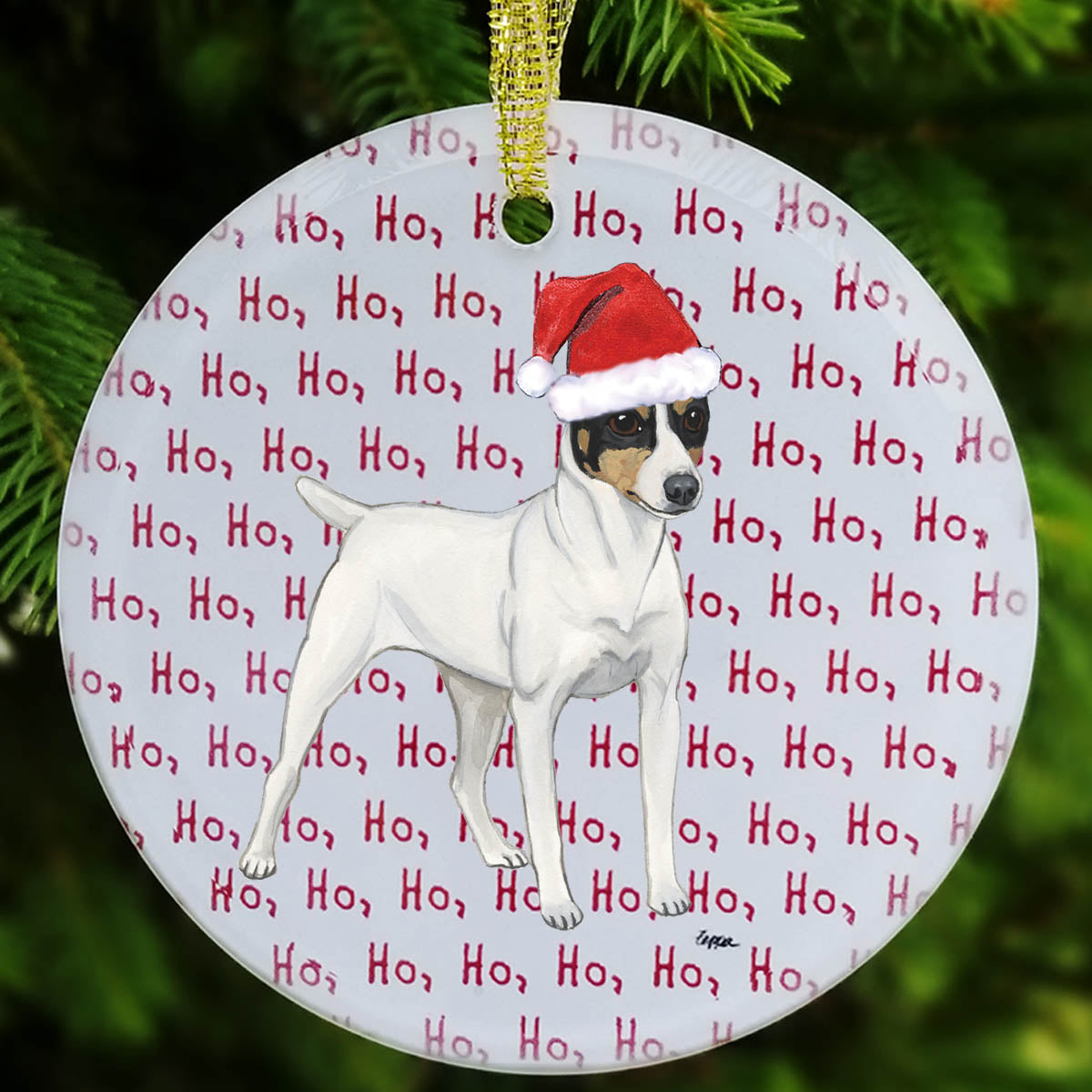 Toy Fox Terrier wearing a Santa Hat on a hohoho background glass Christmas ornament.