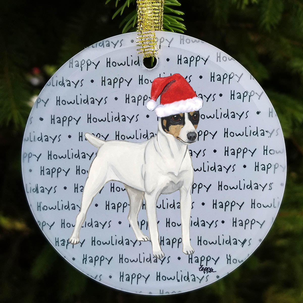 Toy Fox Terrier wearing a Santa Hat on a happy howlidays background glass ornament.