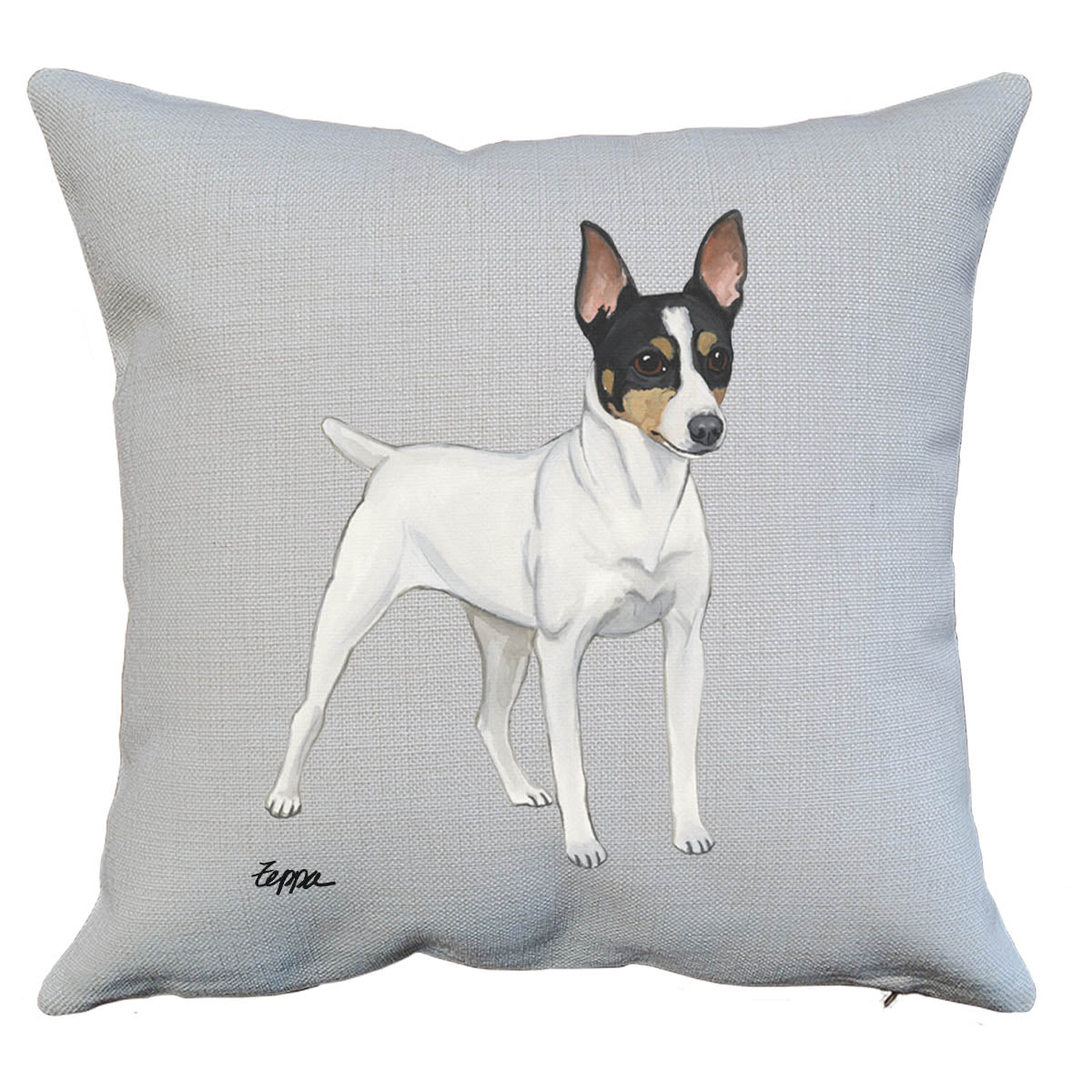 Toy Fox Terrier design on a linen throw pillow.