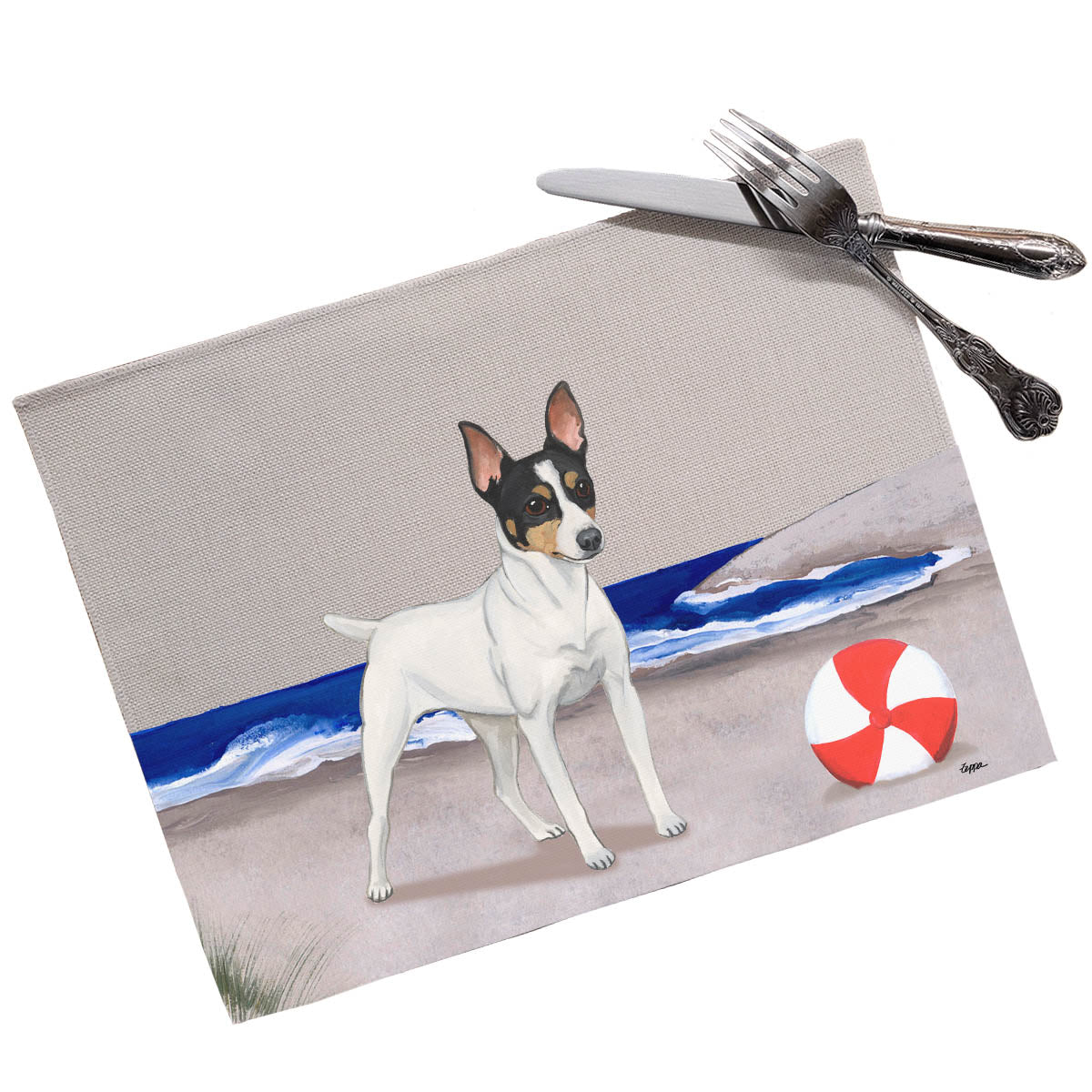 Placemat with an illustration of a Toy Fox Terrier on a beach scene.