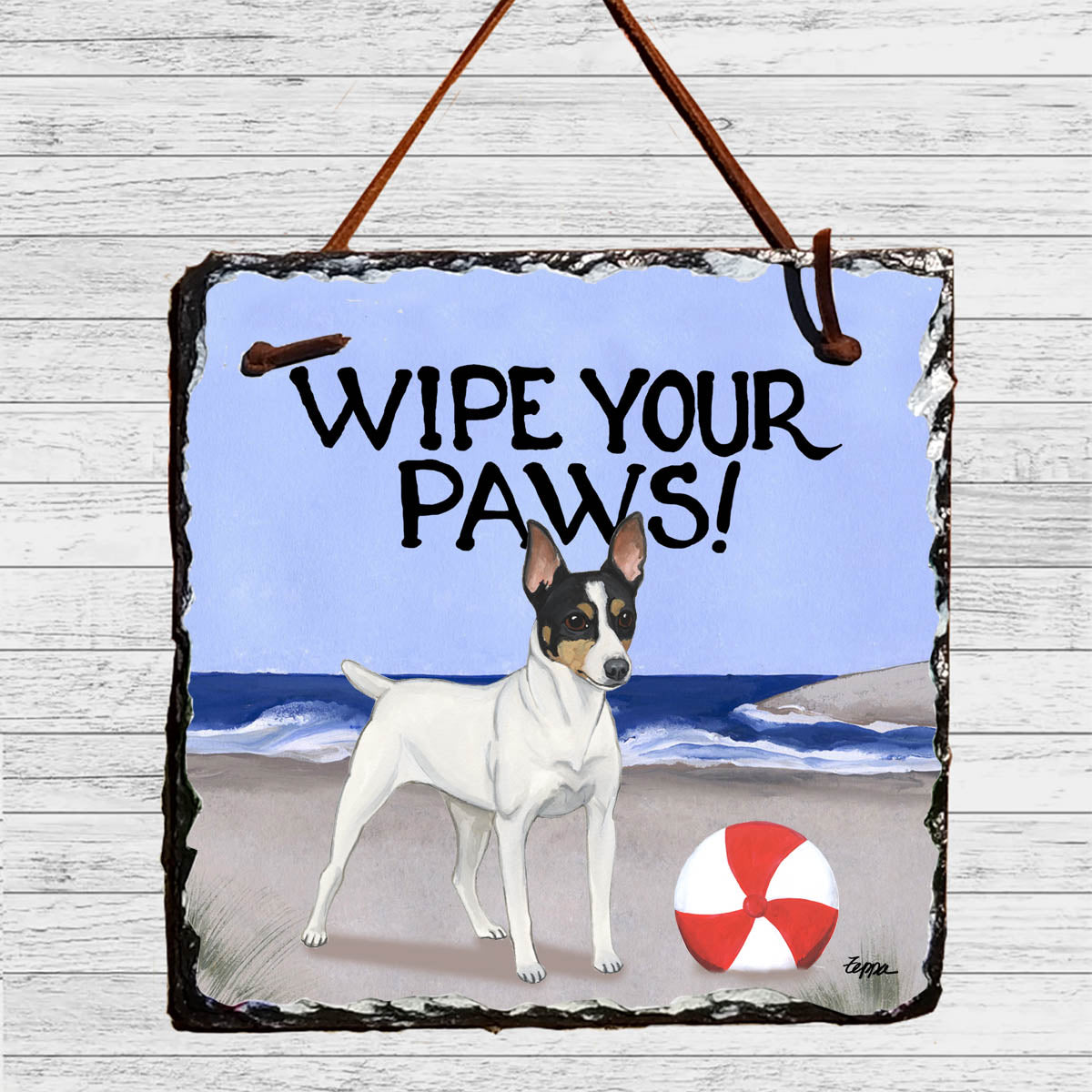 Decorative slate sign with a Toy Fox Terrier illustration and 'Wipe Your Paws!' text on a beach background. 