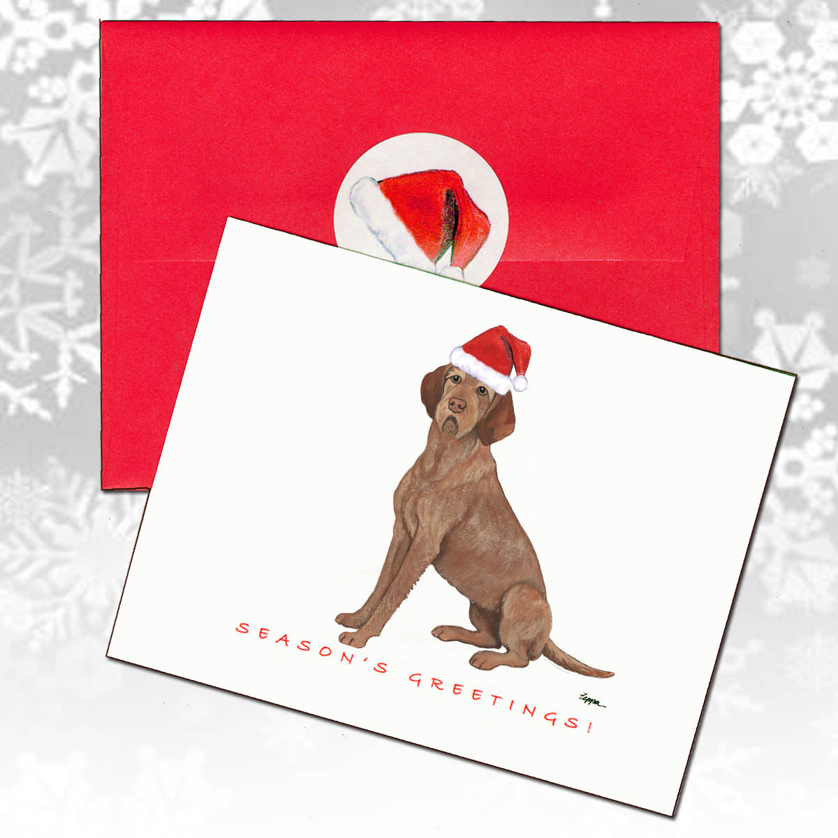 Christmas card with a Wirehaired Vizsla wearing a Santa hat and red envelope.
