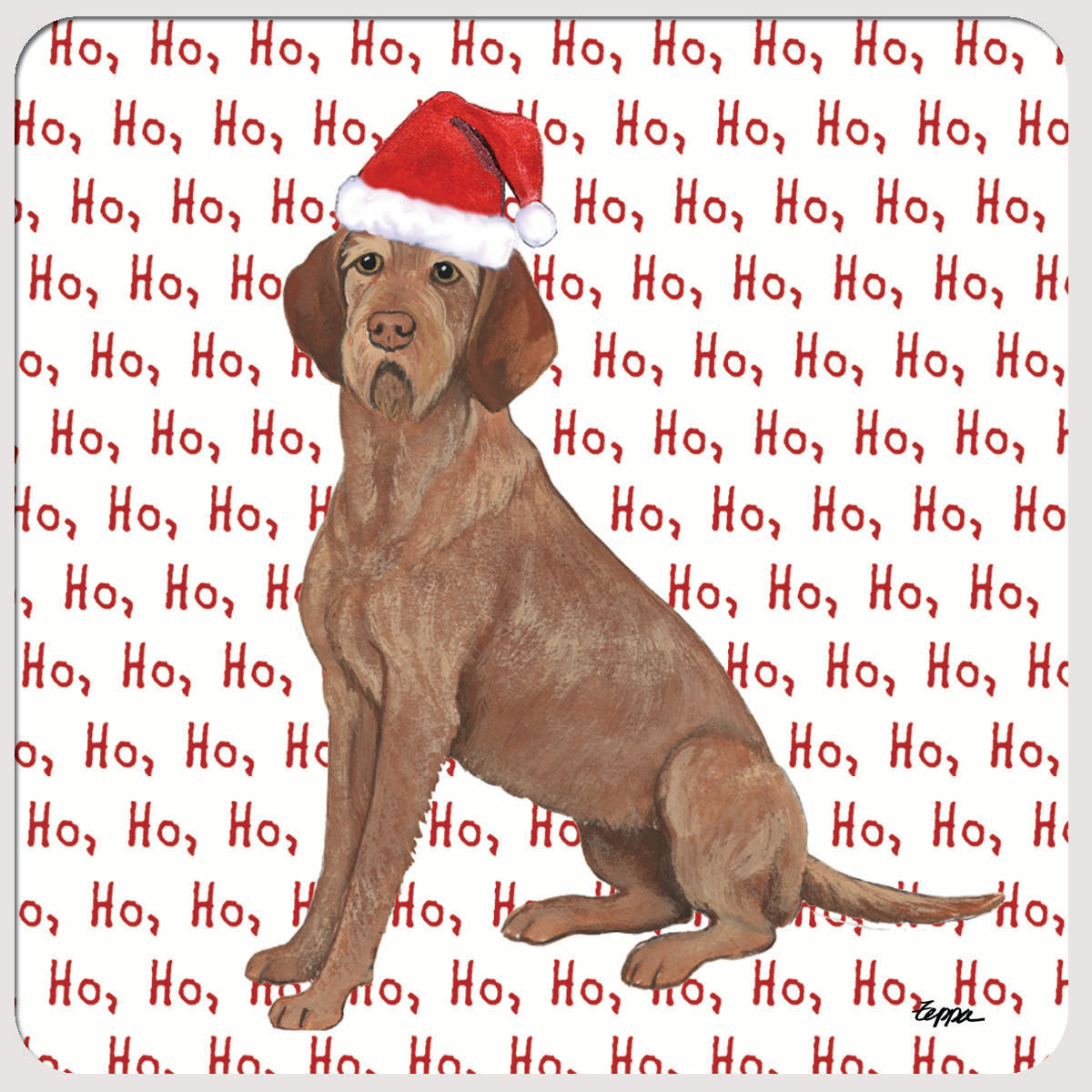 Wirehaired Vizsla on "ho ho ho" repeating text background rubber Christmas coaster.