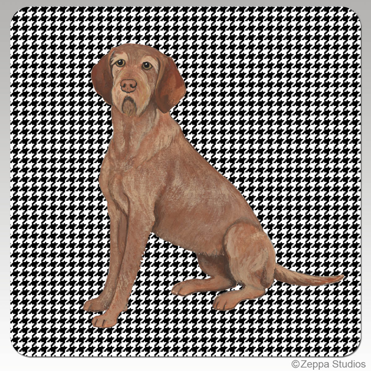Wirehaired Vizsla on houndstooth coaster.