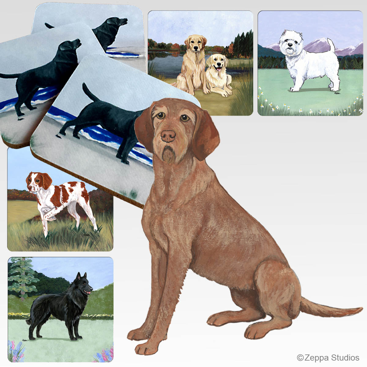 Wirehaired Vizsla and 5 scenic designs for rubber coasters.