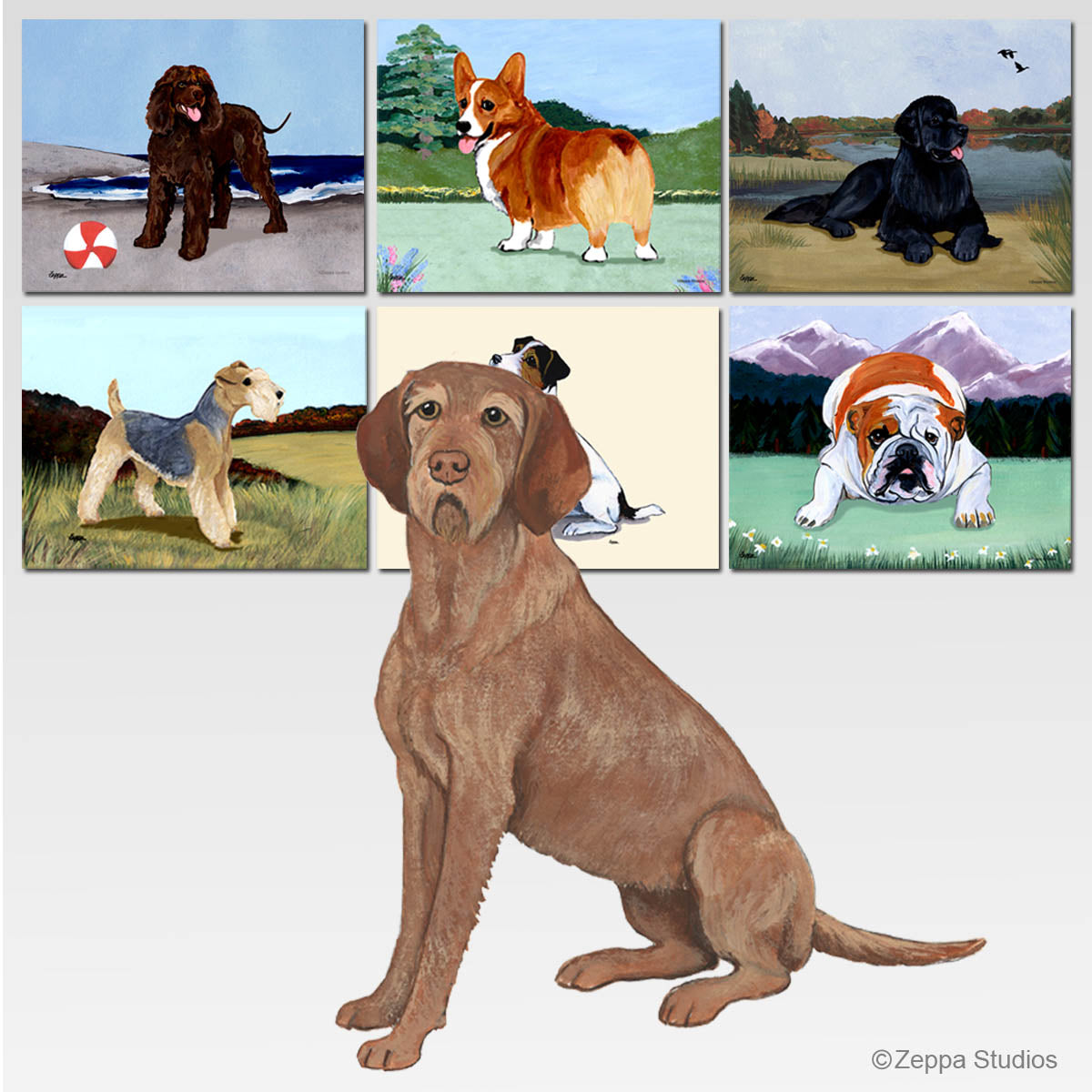 Wirehaired Vizsla and 6 scenic backgrounds for tempered glass cutting boards.