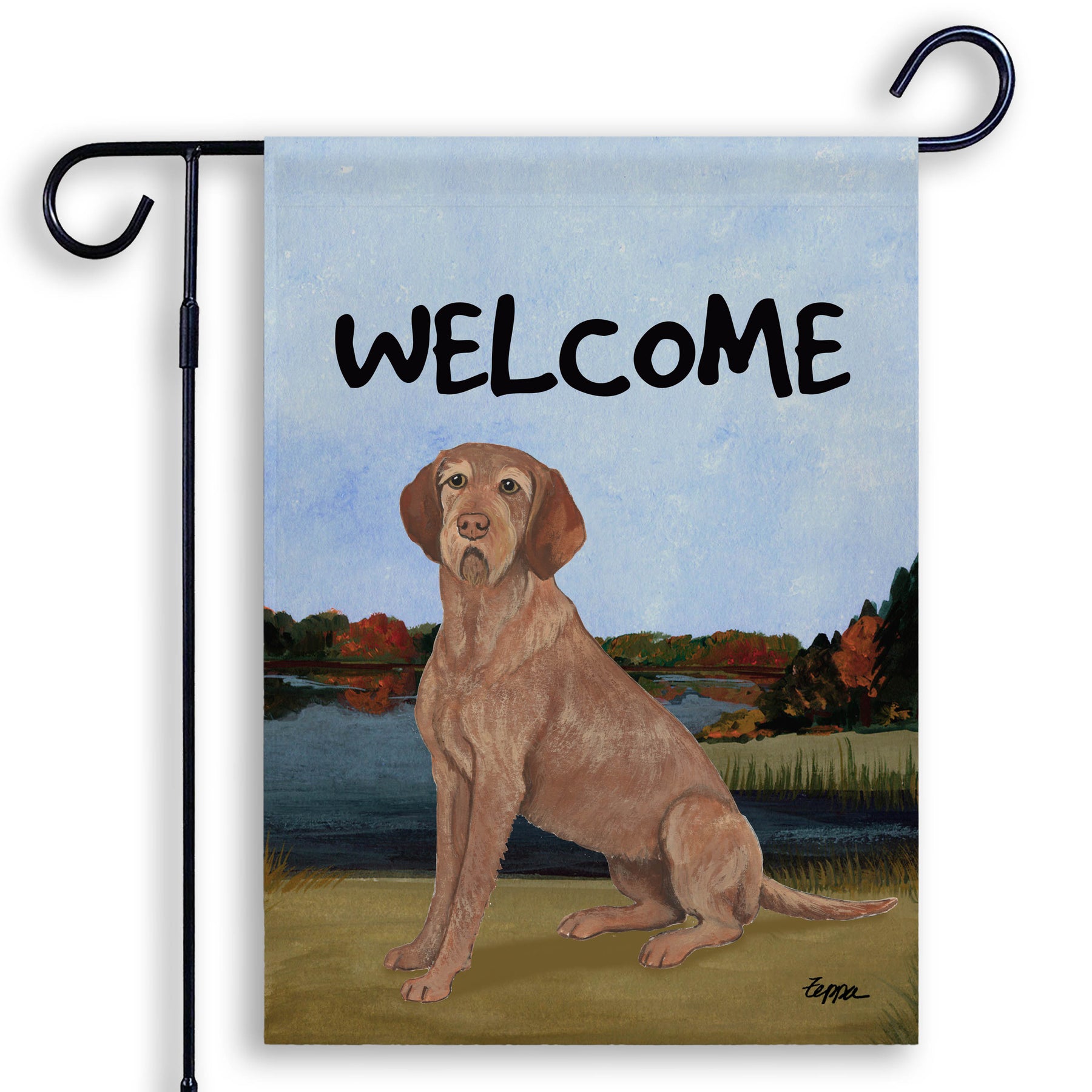 Garden flag with a Wirehaired Vizsla by a lake and Welcome text.