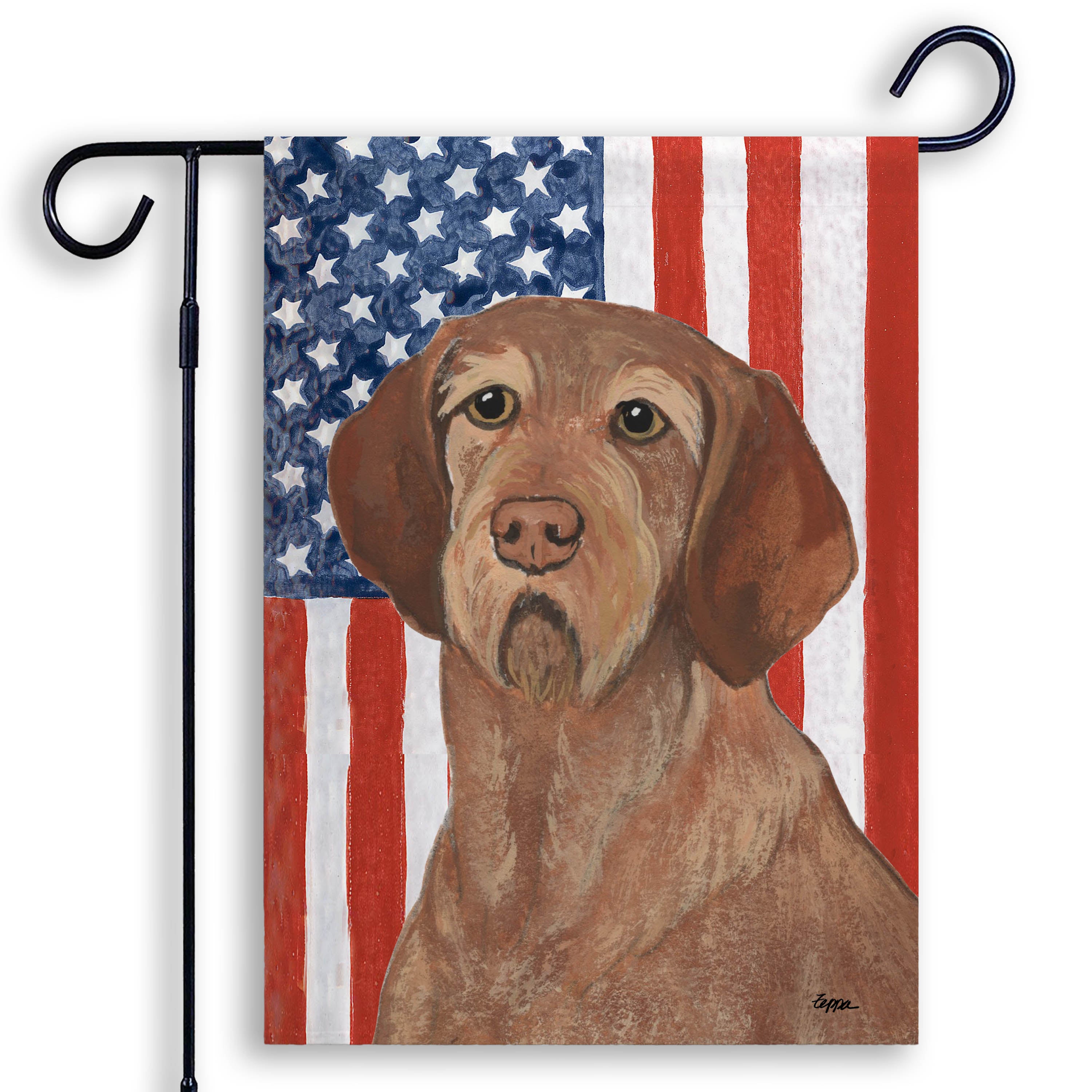 Garden flag with a Wirehaired Vizsla  on an American flag background.