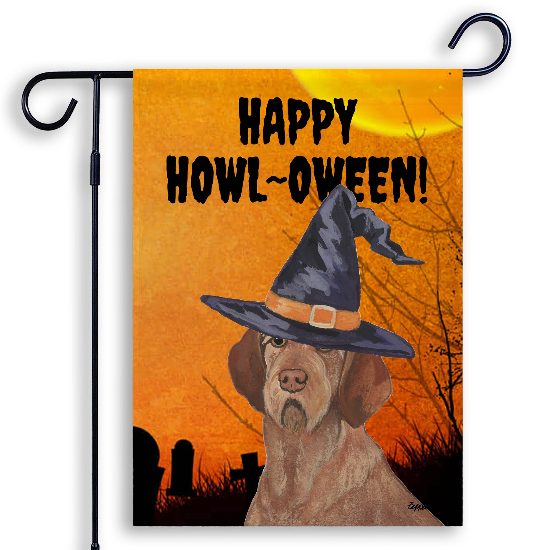 Halloween-themed garden flag with a Wirehaired Vizsla wearing a witch hat and 'Happy Howl-Oween!' text.