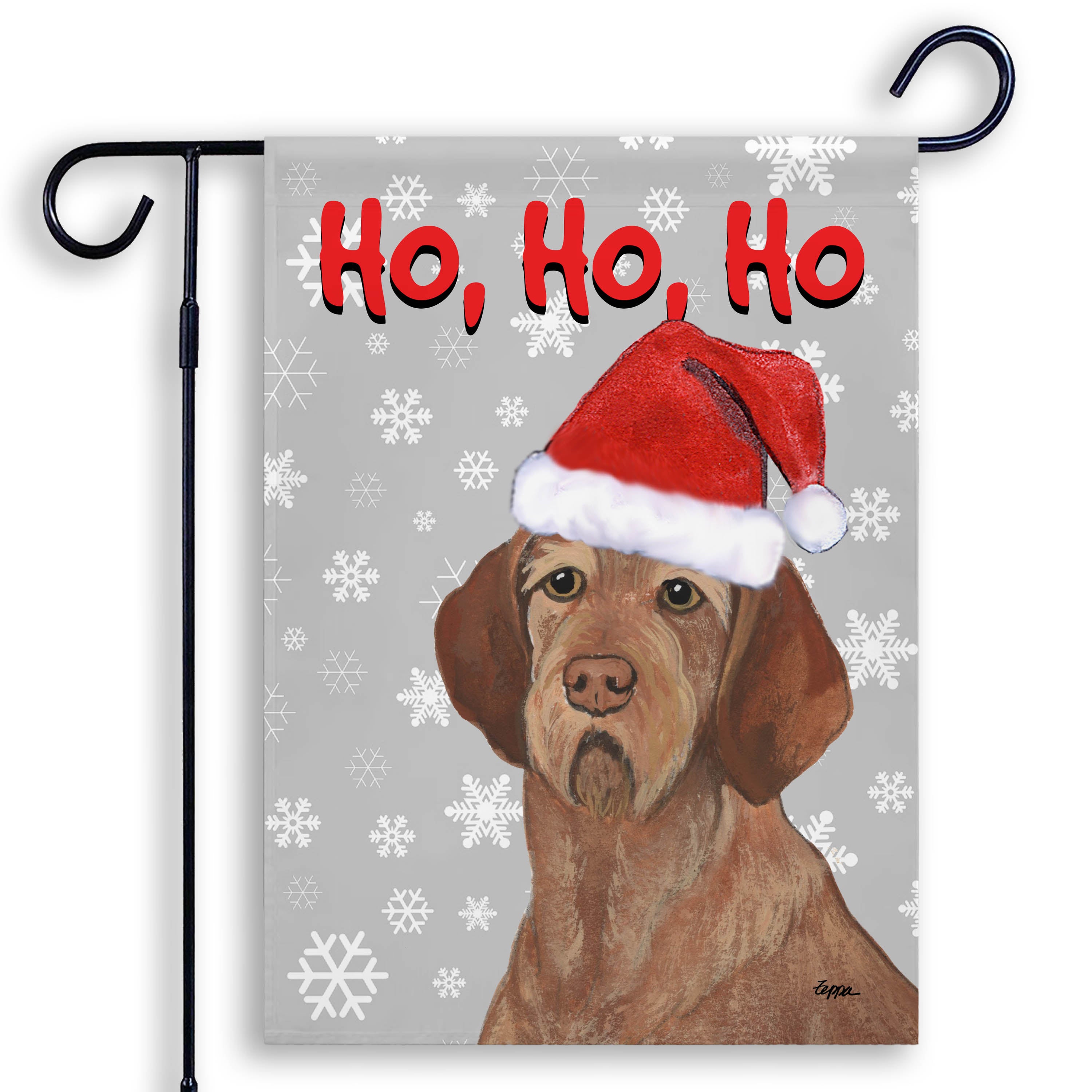 Christmas-themed garden flag with a Wirehaired Vizsla wearing a Santa hat and snowflakes on a grey background.