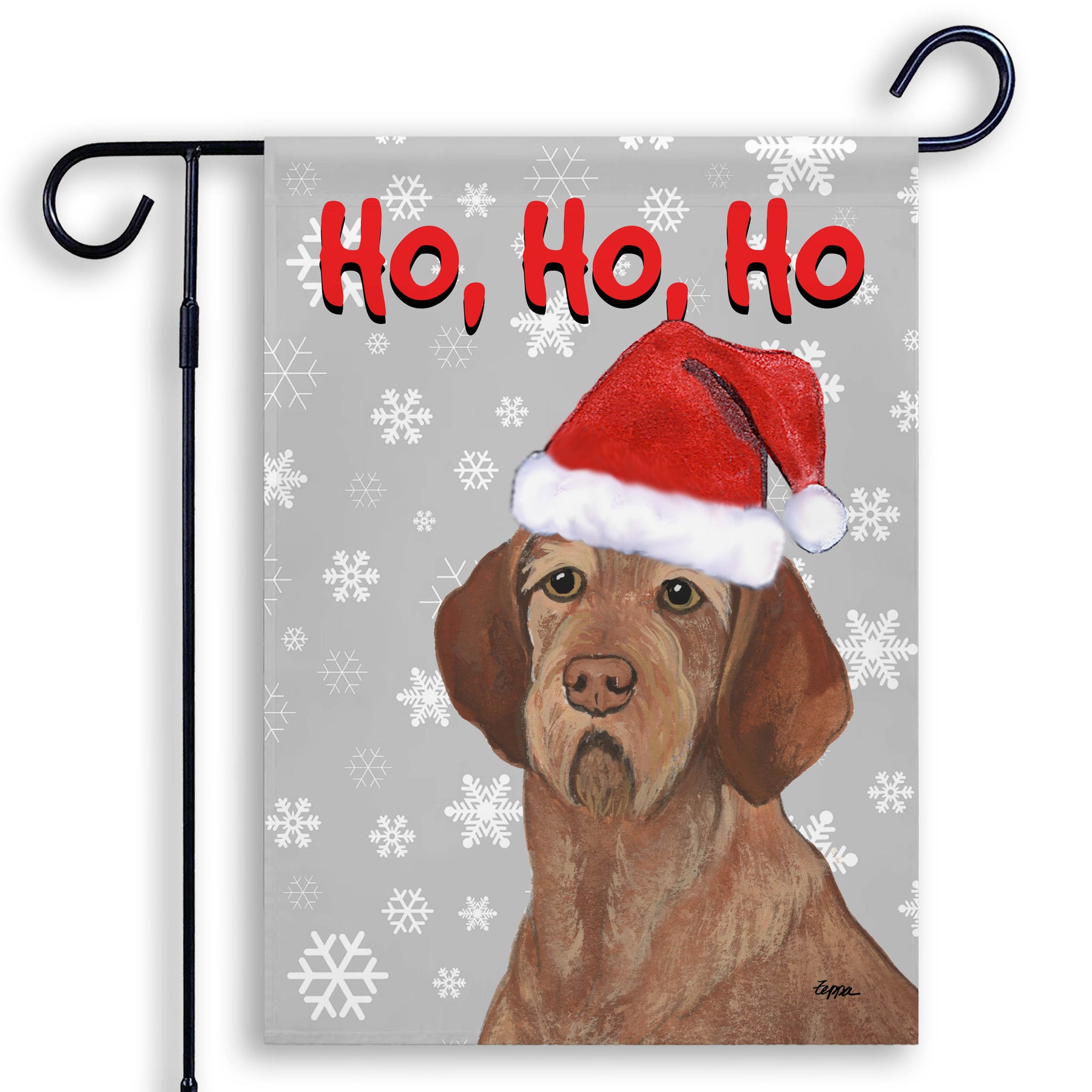 Christmas-themed garden flag with a Wirehaired Vizsla wearing a Santa hat and snowflakes on a grey background.