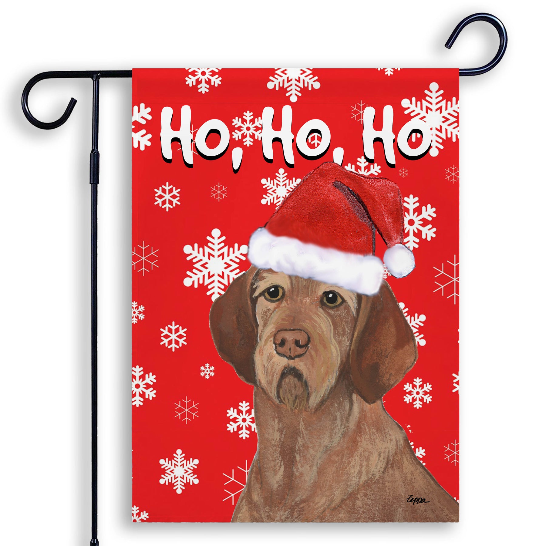 Christmas-themed garden flag with a Wirehaired Vizsla wearing a Santa hat and snowflakes on a red background.