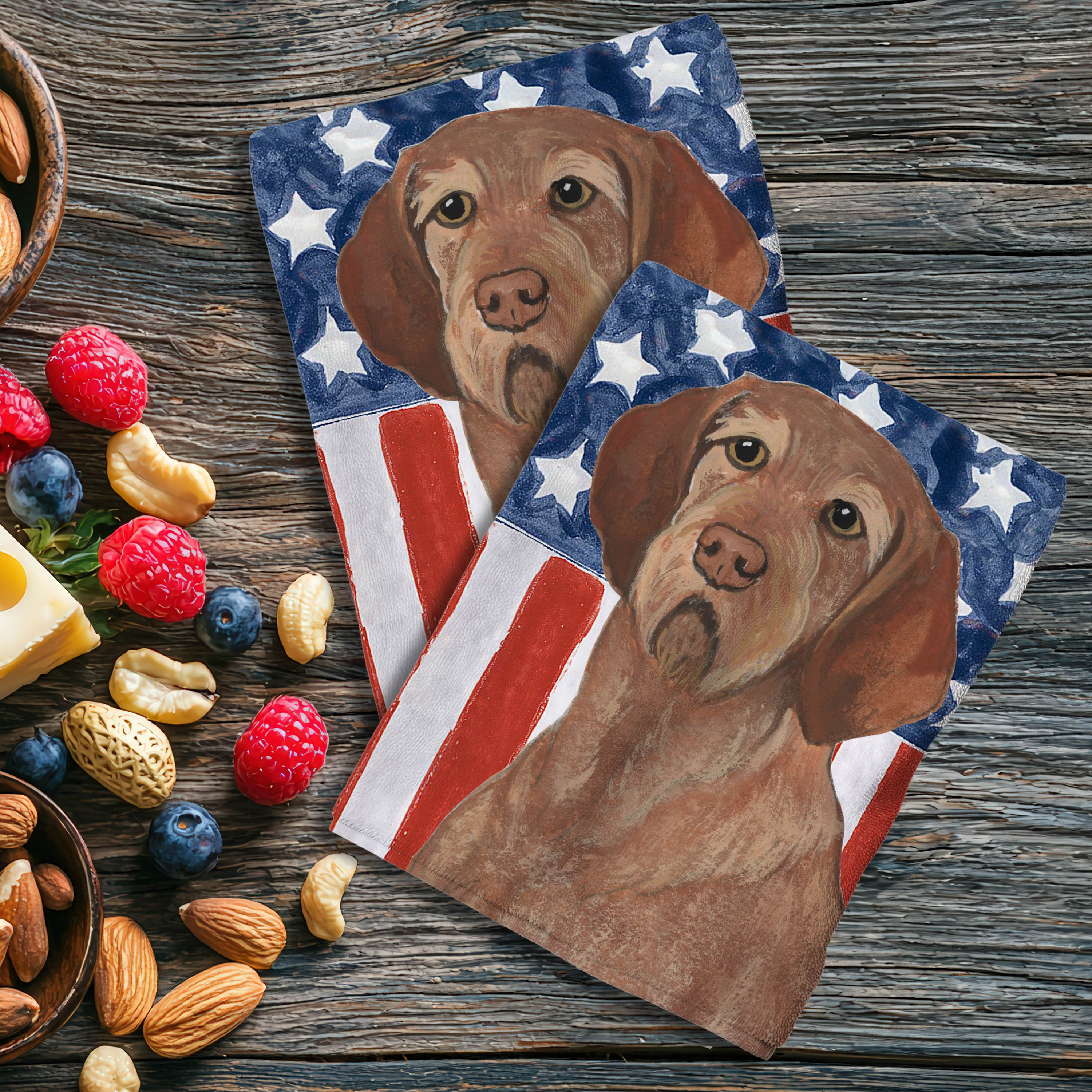 Wirehaired Vizsla on American flag background kitchen towels.