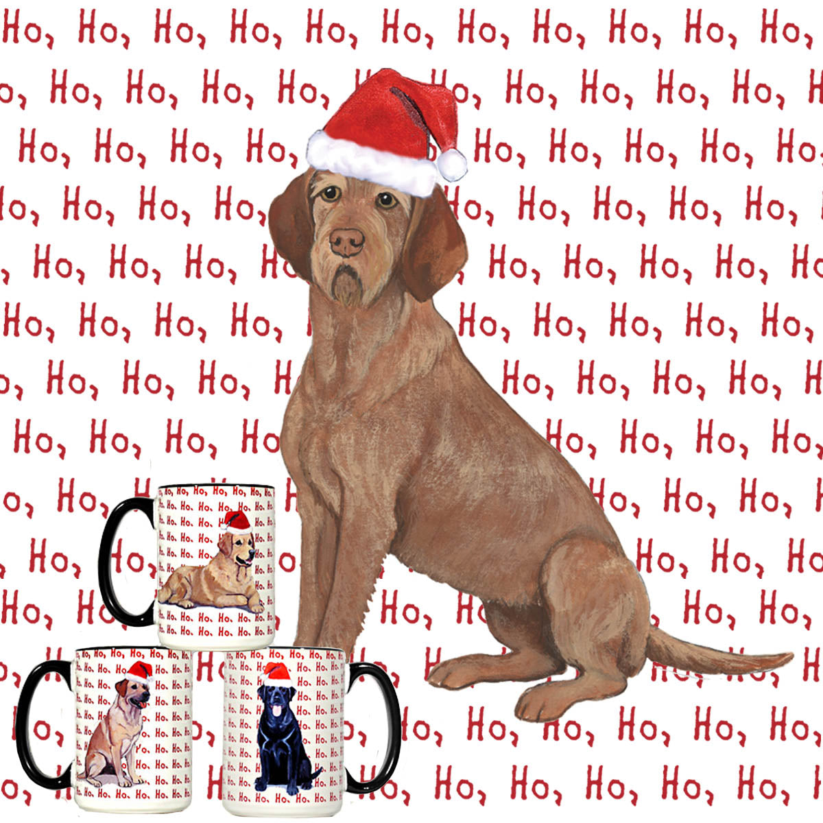 Wirehaired Vizsla on "ho ho ho" repeating text background ceramic Christmas mug.