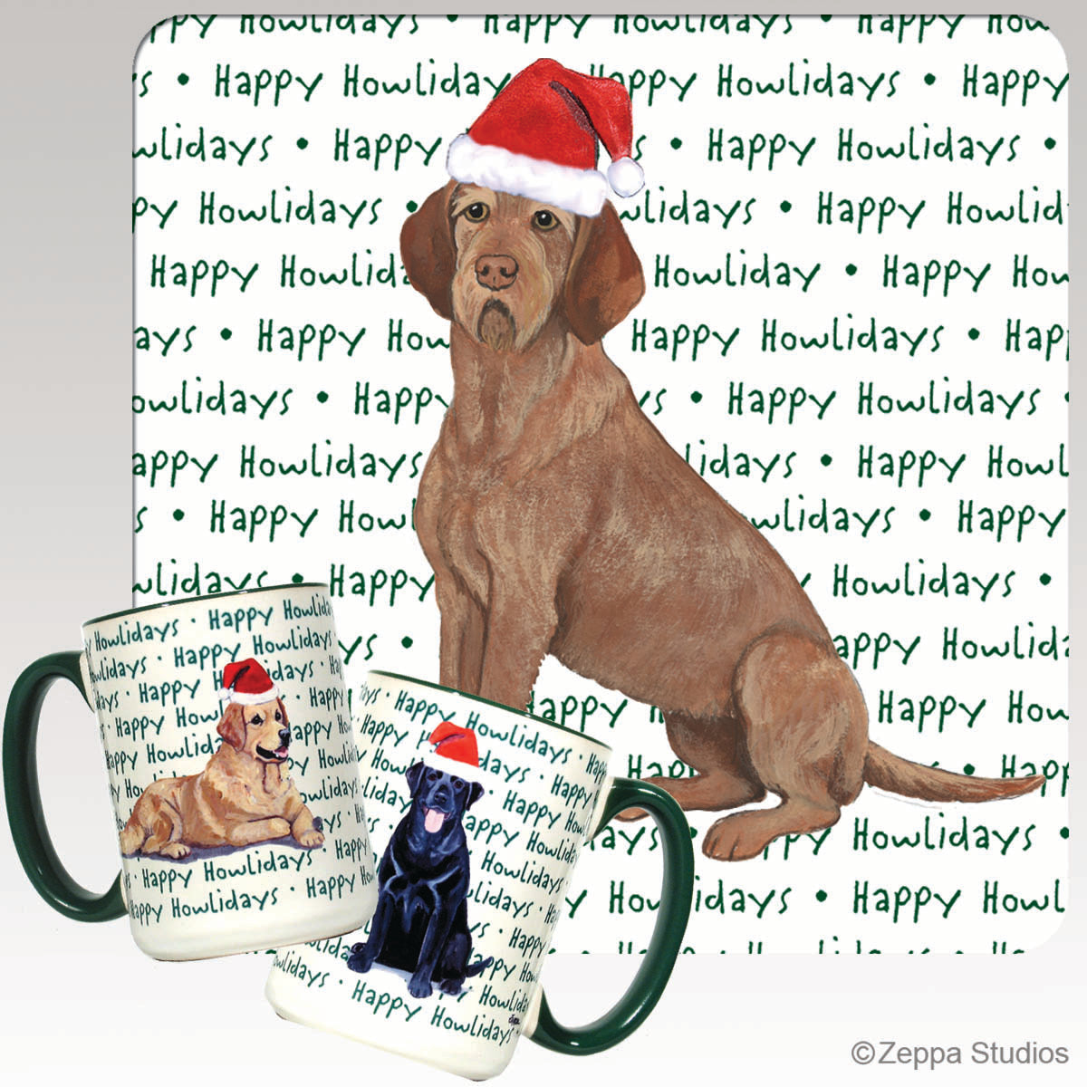 Wirehaired Vizsla on "happy howlidays" repeating text background ceramic Christmas mug.