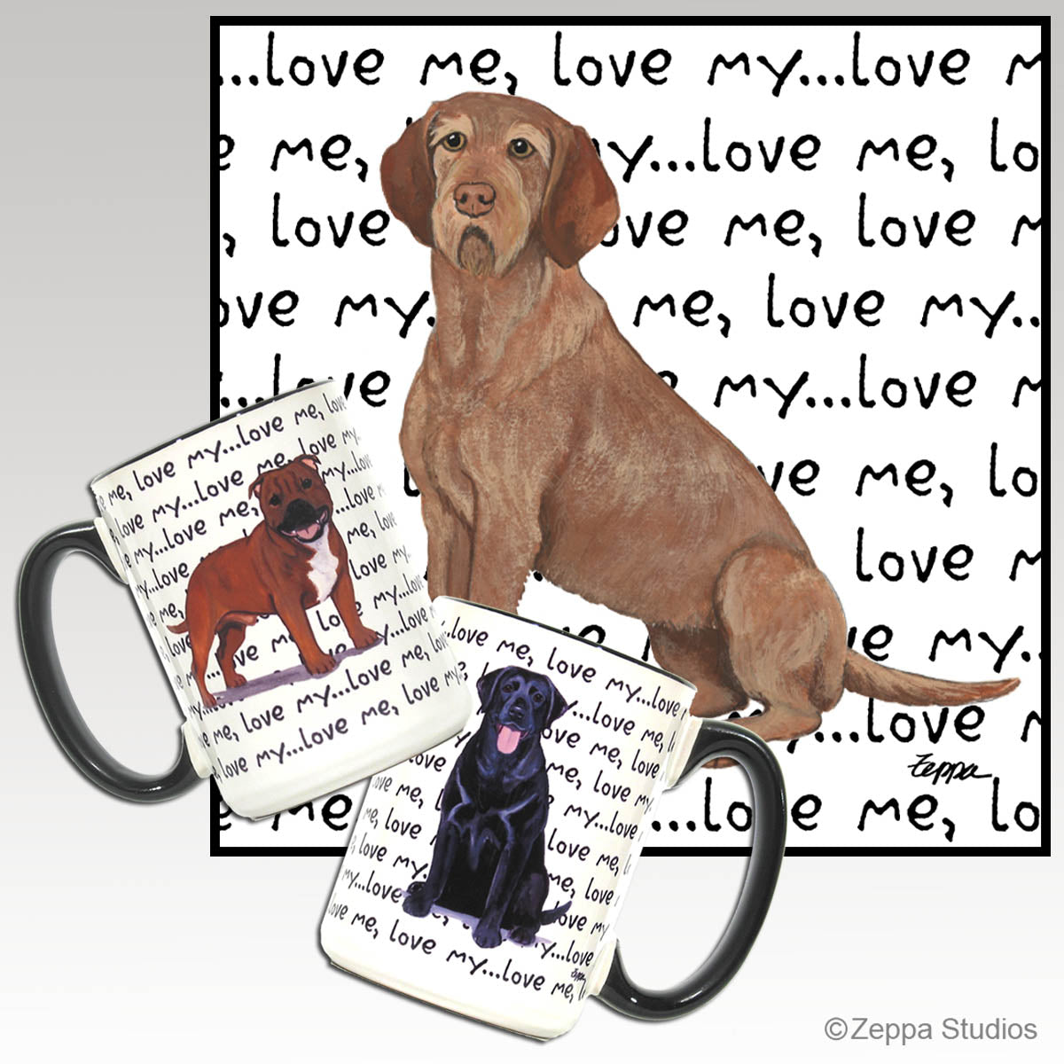 Wirehaired Vizsla on 'Love me, love my" repeating text background wrap mug.