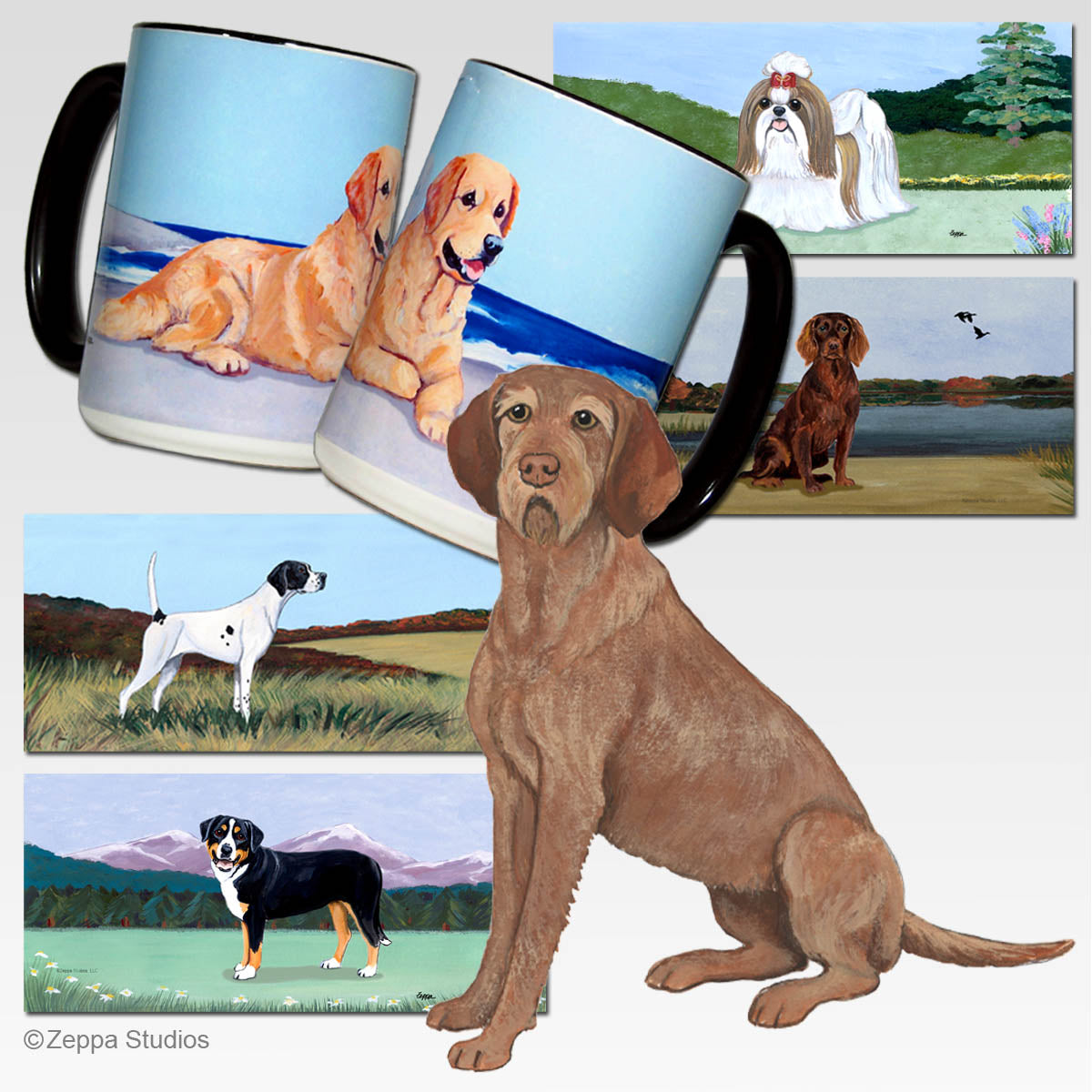 Wirehaired Vizsla and 5 scenic backgrounds for wrap design mugs.