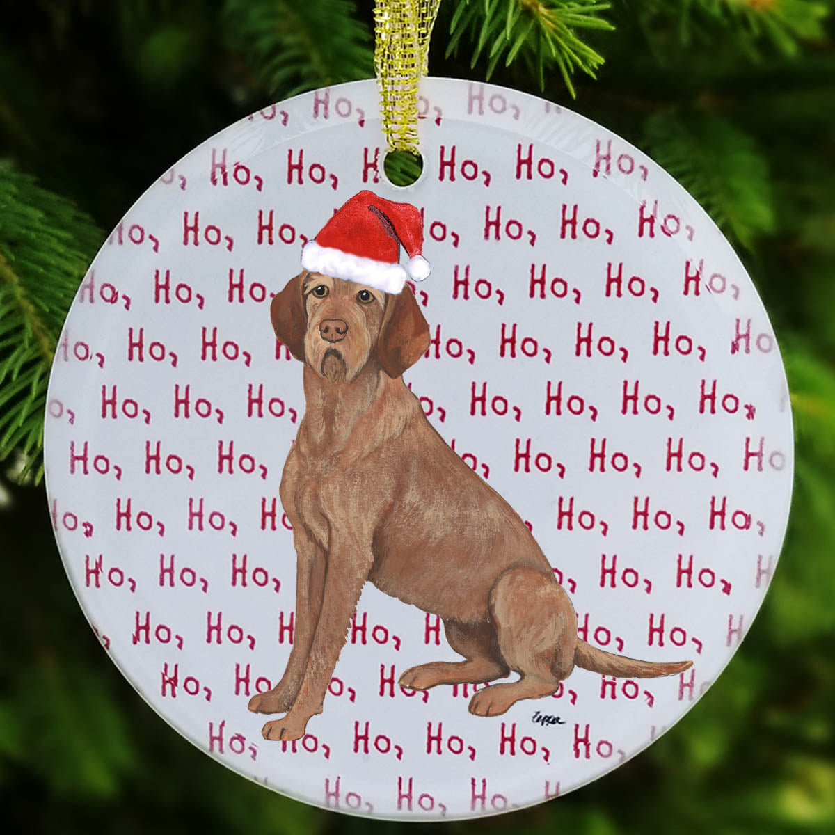 Wirehaired Vizsla on "ho ho ho" repeating text background glass Christmas ornament.