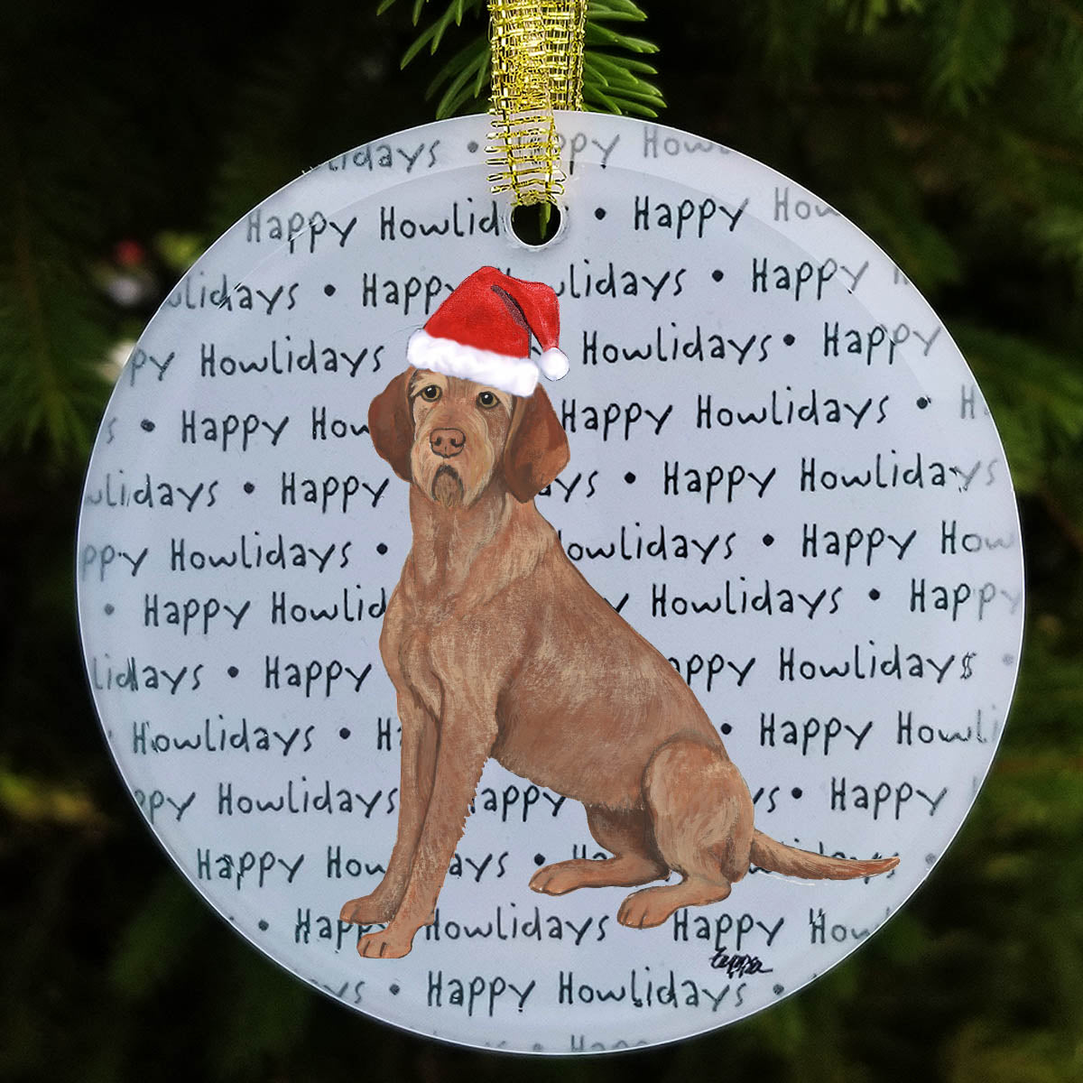 Wirehaired Vizsla on "happy howlidays" repeating text background glass Christmas ornament.