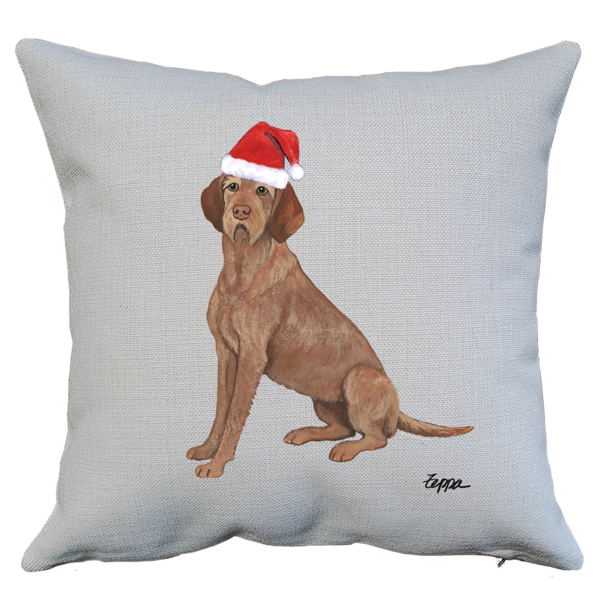 Linen throw pillow with a Wirehaired Vizsla in a Santa hat.