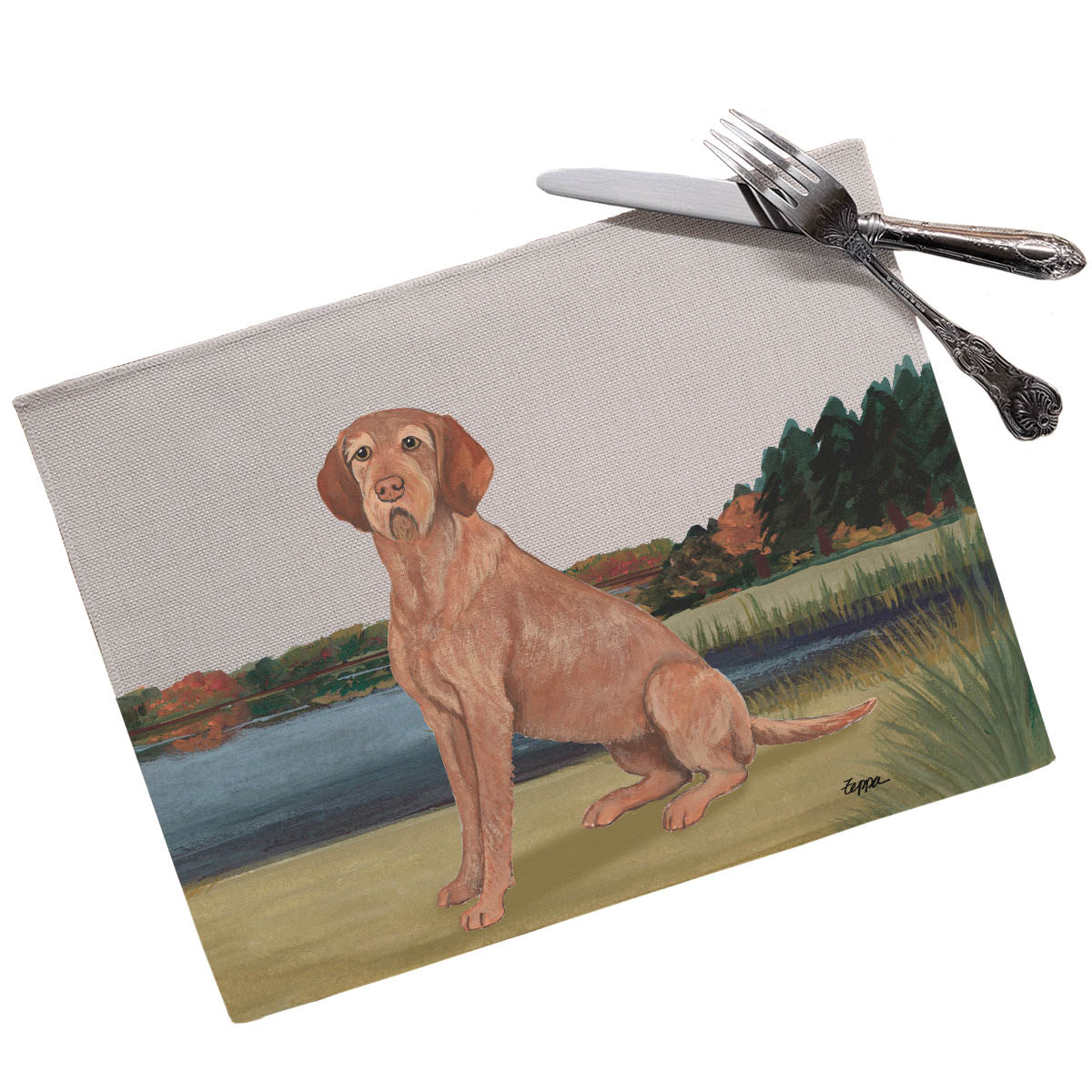 Linen placemat with Wirehaired Vizsla by a lake design.