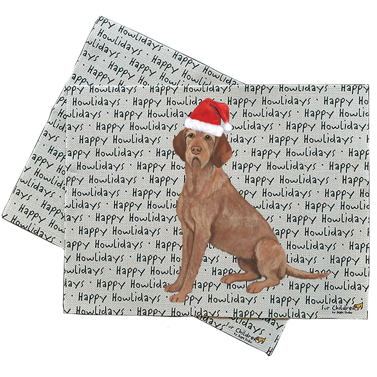 Wirehaired Vizsla in a Santa hat on a happy howlidays repeating text background linen placemat.